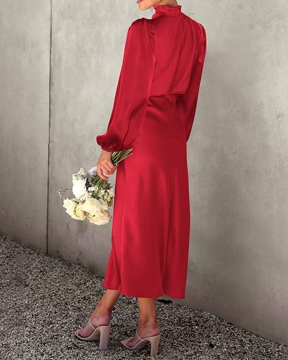 imageBTFBM Womens Mock Neck Satin Dress Summer Fall 2025 Long Sleeve High Waist Formal Wedding Party Maxi Cocktail DressesRed