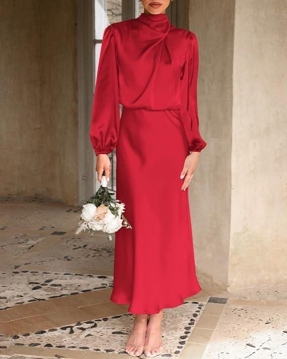 imageBTFBM Womens Mock Neck Satin Dress Summer Fall 2025 Long Sleeve High Waist Formal Wedding Party Maxi Cocktail DressesRed