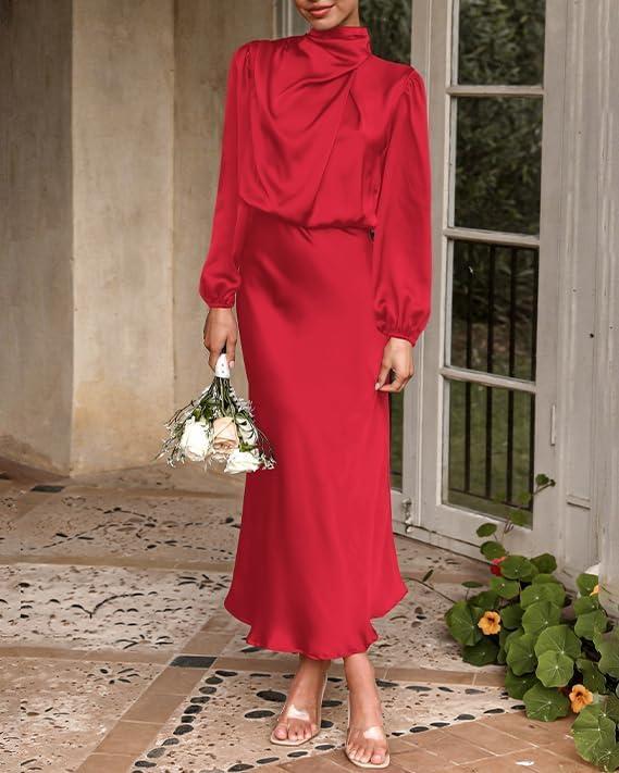 imageBTFBM Womens Mock Neck Satin Dress Summer Fall 2025 Long Sleeve High Waist Formal Wedding Party Maxi Cocktail DressesRed