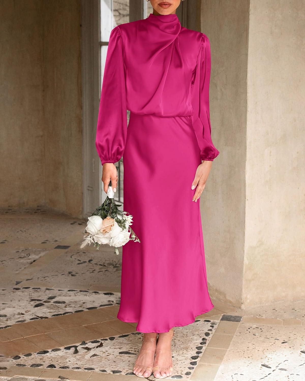 imageBTFBM Womens Mock Neck Satin Dress Summer Fall 2025 Long Sleeve High Waist Formal Wedding Party Maxi Cocktail DressesRose Red