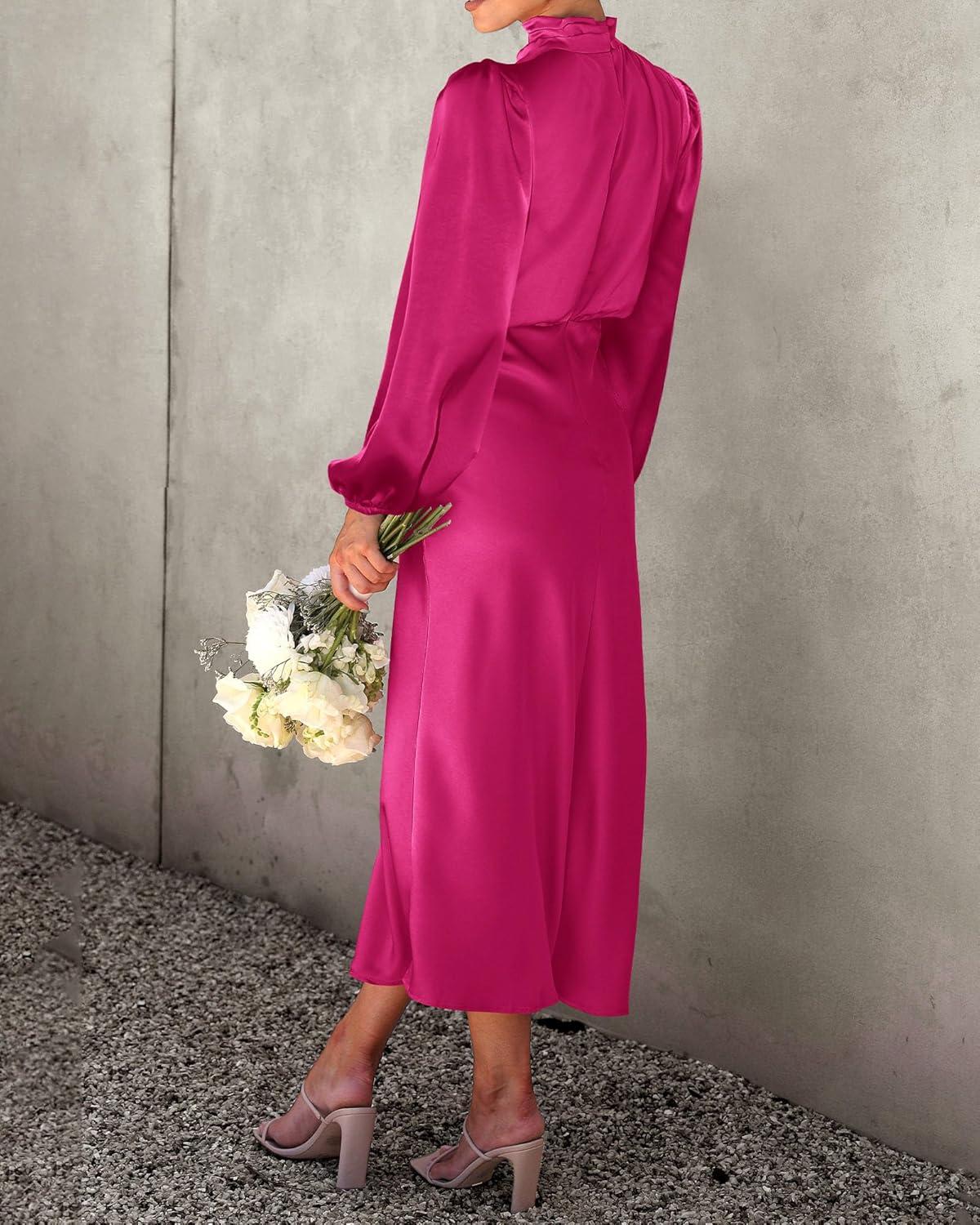 imageBTFBM Womens Mock Neck Satin Dress Summer Fall 2025 Long Sleeve High Waist Formal Wedding Party Maxi Cocktail DressesRose Red