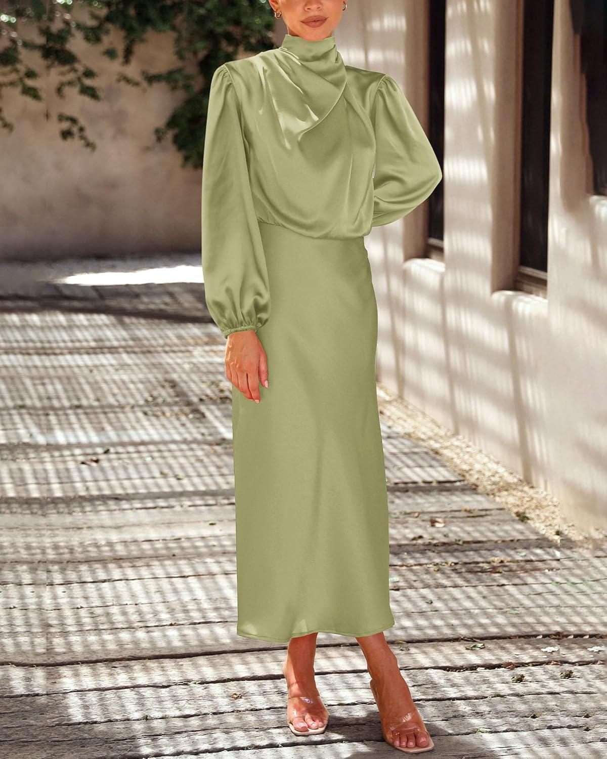 imageBTFBM Womens Mock Neck Satin Dress Summer Fall 2025 Long Sleeve High Waist Formal Wedding Party Maxi Cocktail DressesTender Green