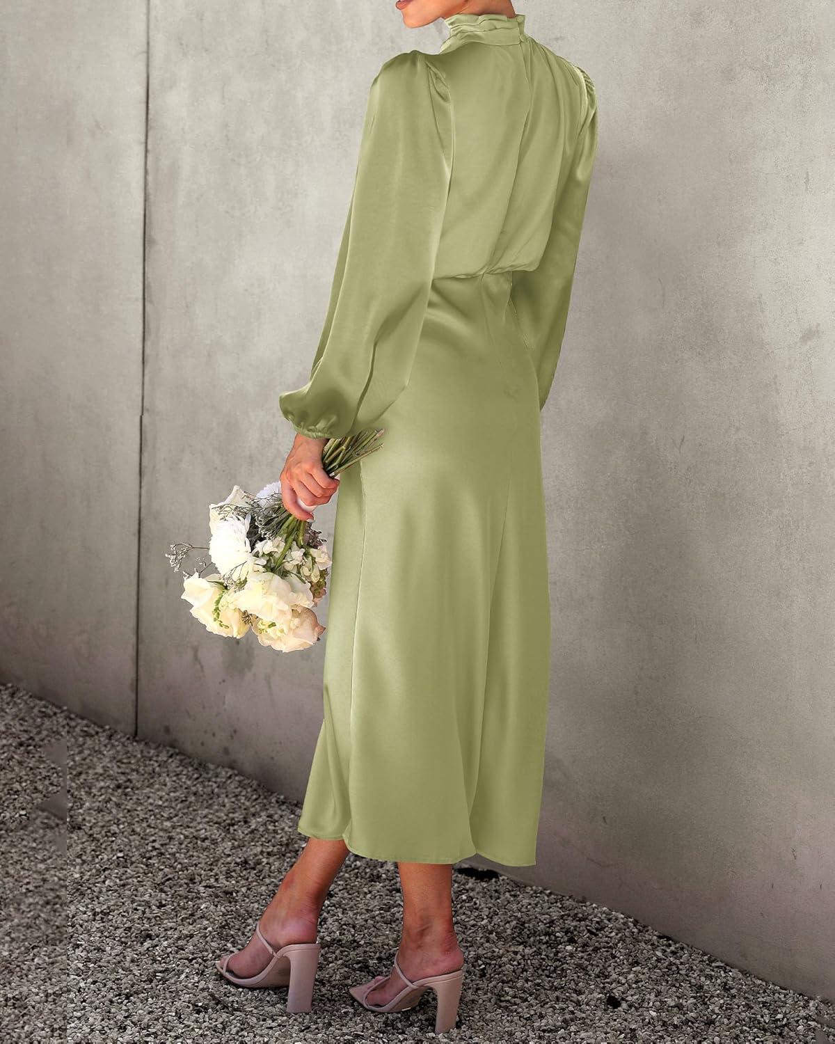 imageBTFBM Womens Mock Neck Satin Dress Summer Fall 2025 Long Sleeve High Waist Formal Wedding Party Maxi Cocktail DressesTender Green