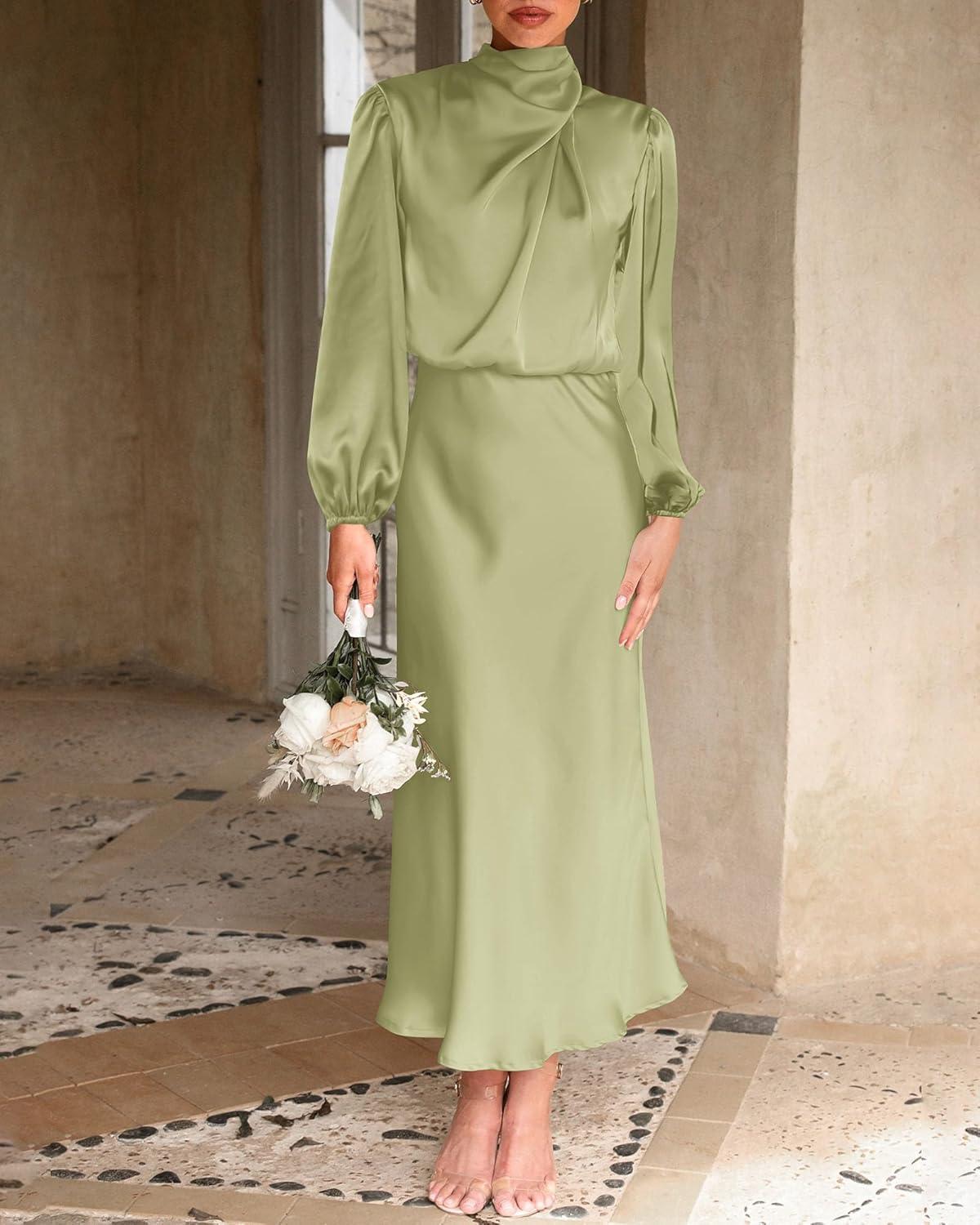 imageBTFBM Womens Mock Neck Satin Dress Summer Fall 2025 Long Sleeve High Waist Formal Wedding Party Maxi Cocktail DressesTender Green