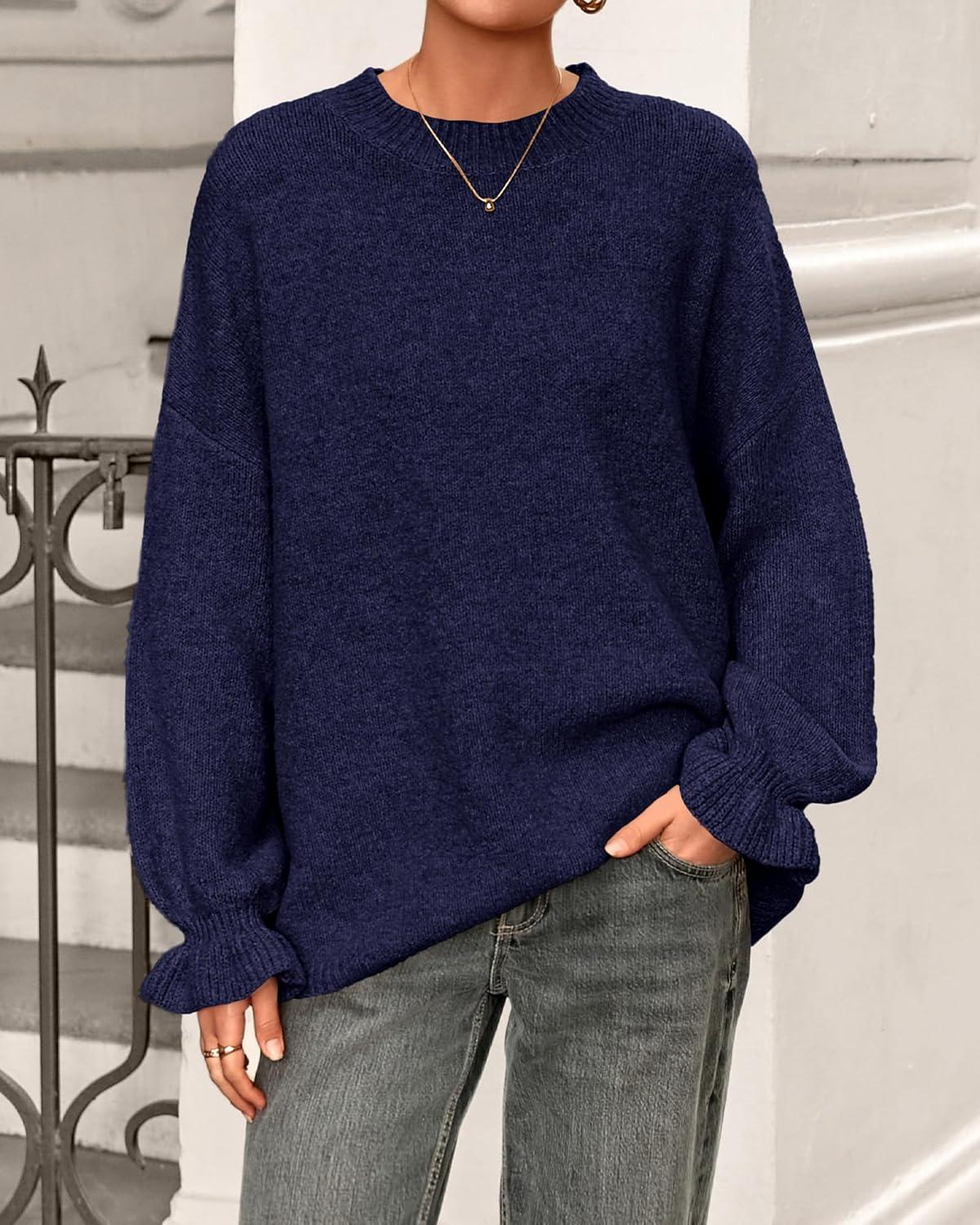 imageBTFBM Womens Oversized Sweater Crewneck 2025 Fall Winter Long Sleeve Fuzzy Warm Knit Pullover Sweaters Trendy OutfitsNavy