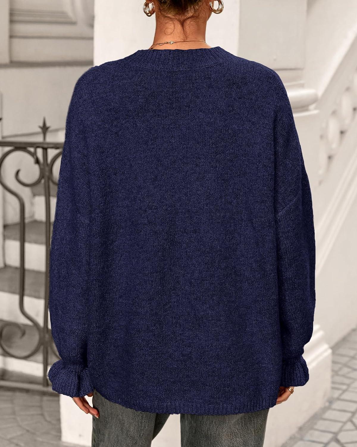 imageBTFBM Womens Oversized Sweater Crewneck 2025 Fall Winter Long Sleeve Fuzzy Warm Knit Pullover Sweaters Trendy OutfitsNavy