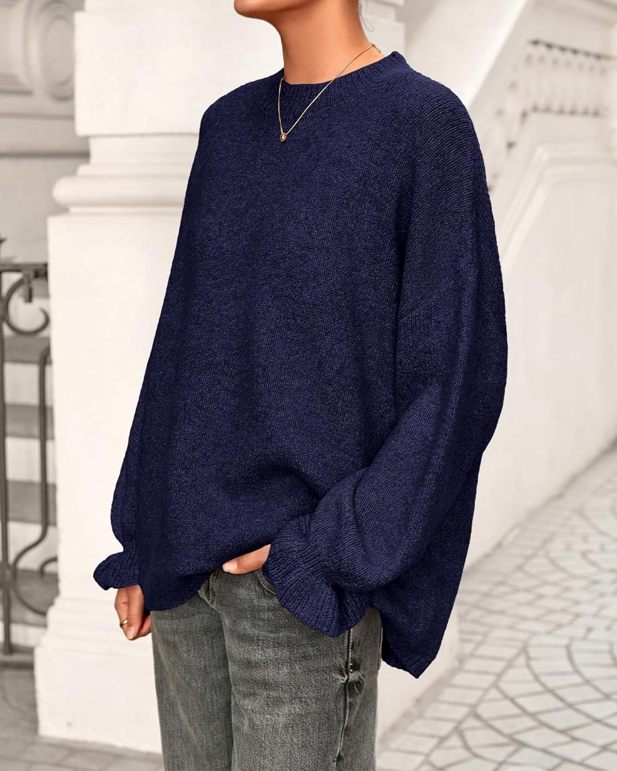 imageBTFBM Womens Oversized Sweater Crewneck 2025 Fall Winter Long Sleeve Fuzzy Warm Knit Pullover Sweaters Trendy OutfitsNavy