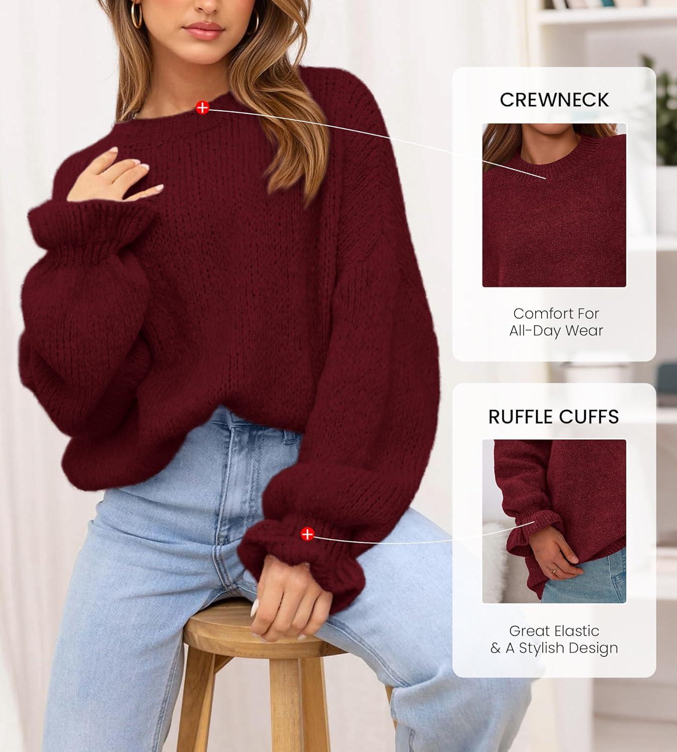 imageBTFBM Womens Oversized Sweater Crewneck 2025 Fall Winter Long Sleeve Fuzzy Warm Knit Pullover Sweaters Trendy OutfitsWine Red