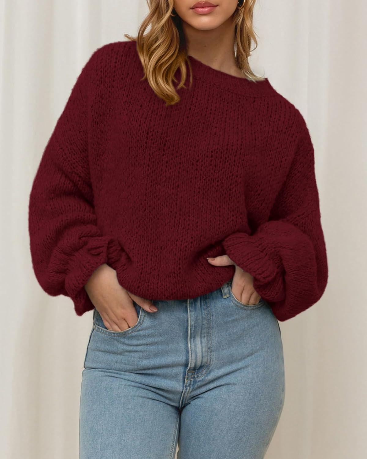 imageBTFBM Womens Oversized Sweater Crewneck 2025 Fall Winter Long Sleeve Fuzzy Warm Knit Pullover Sweaters Trendy OutfitsWine Red