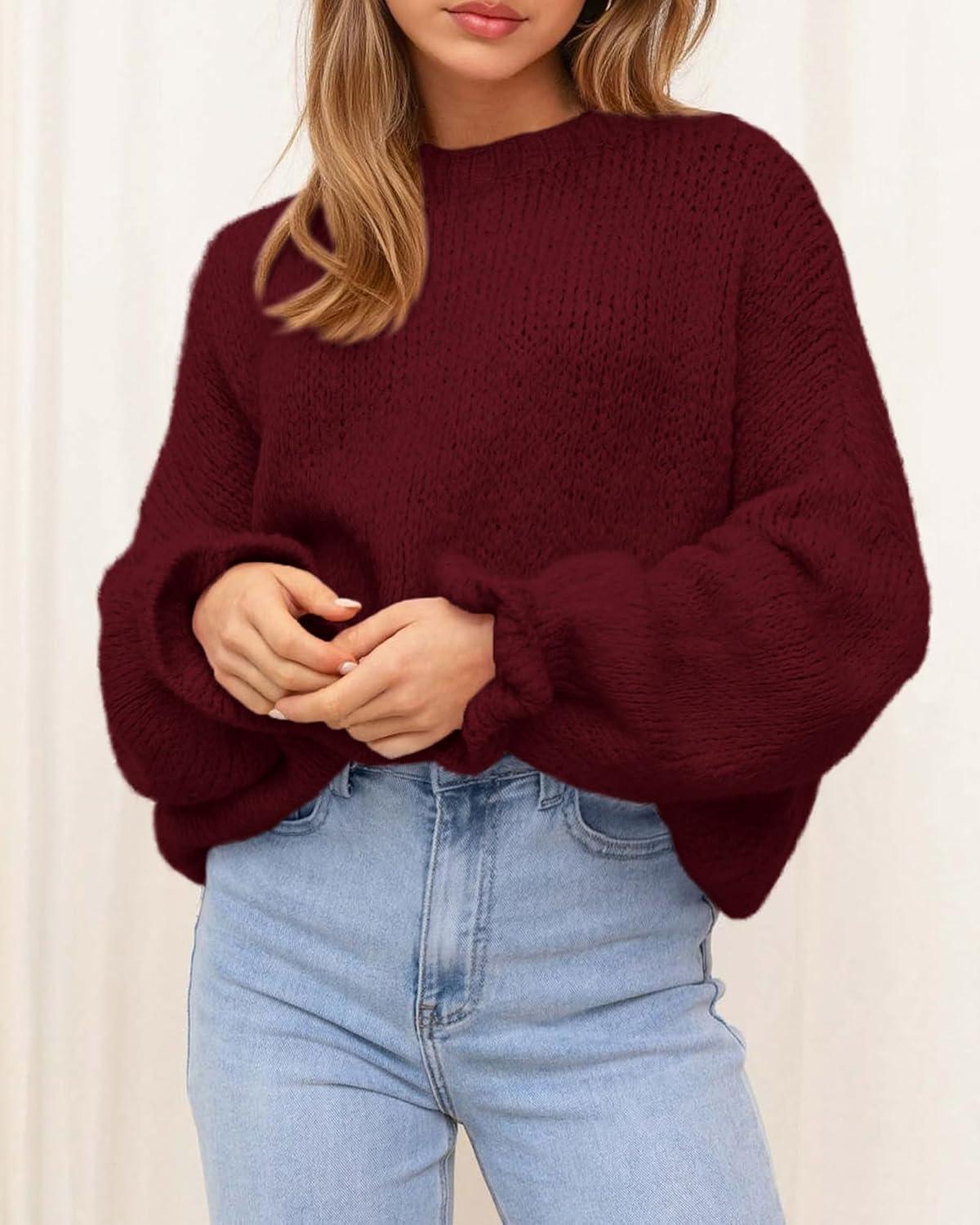 imageBTFBM Womens Oversized Sweater Crewneck 2025 Fall Winter Long Sleeve Fuzzy Warm Knit Pullover Sweaters Trendy OutfitsWine Red