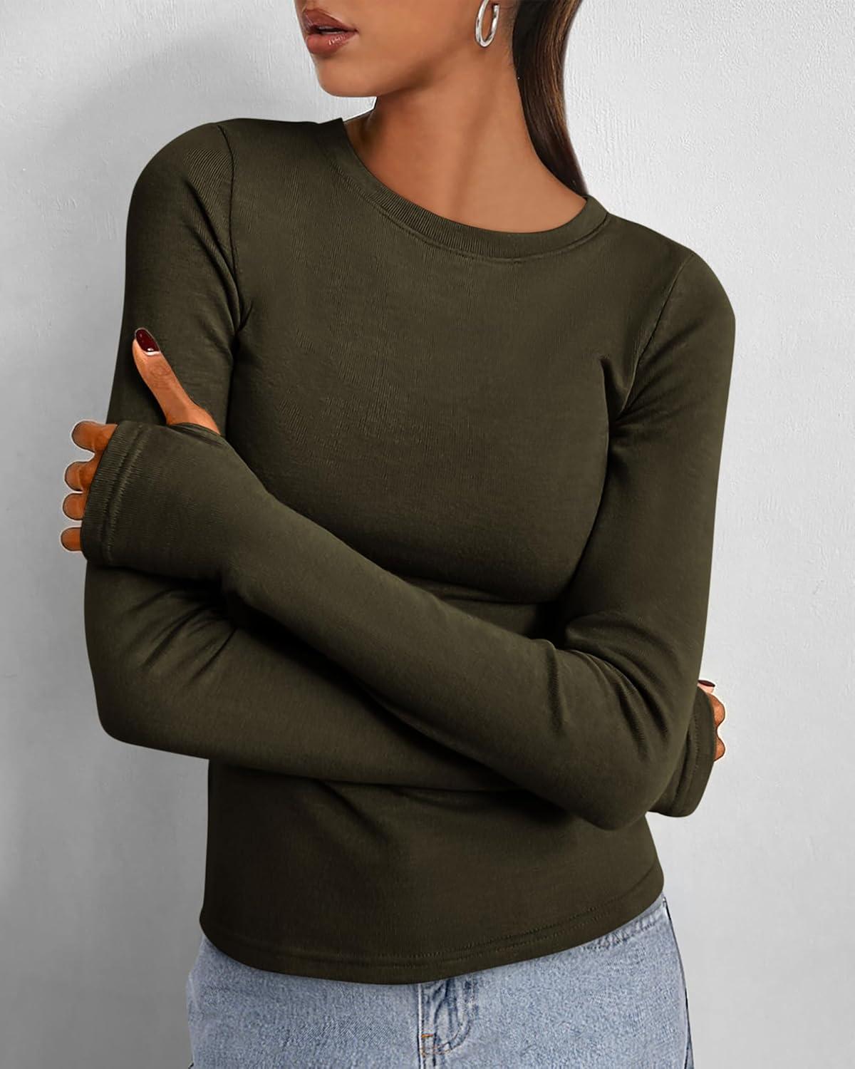 imageBTFBM Womens Tops 2025 Fall Outfits Long Sleeve Shirts Crewneck Work Blouses Stretchy Slim Fit Going Out Top WorkoutArmy Green
