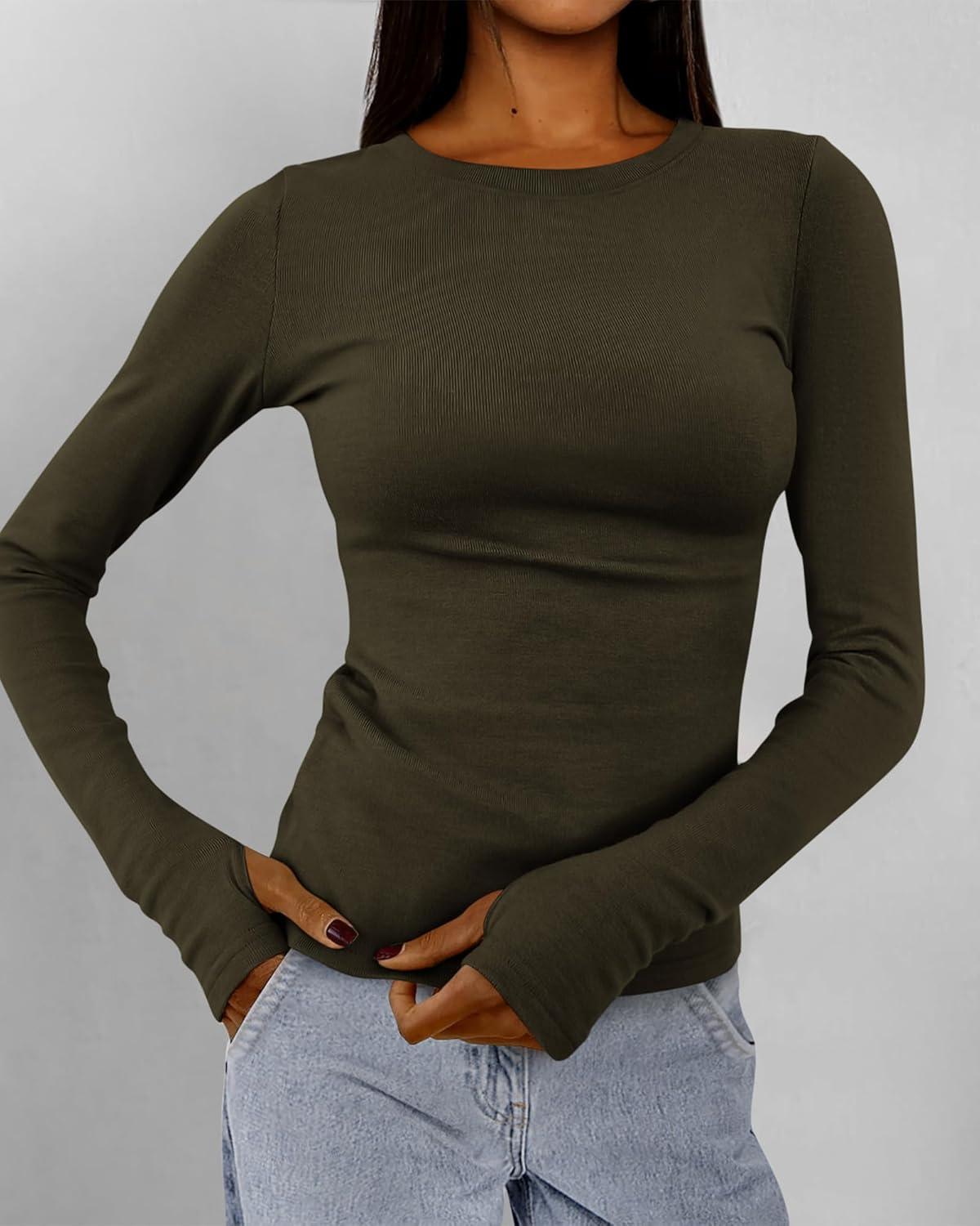 imageBTFBM Womens Tops 2025 Fall Outfits Long Sleeve Shirts Crewneck Work Blouses Stretchy Slim Fit Going Out Top WorkoutArmy Green