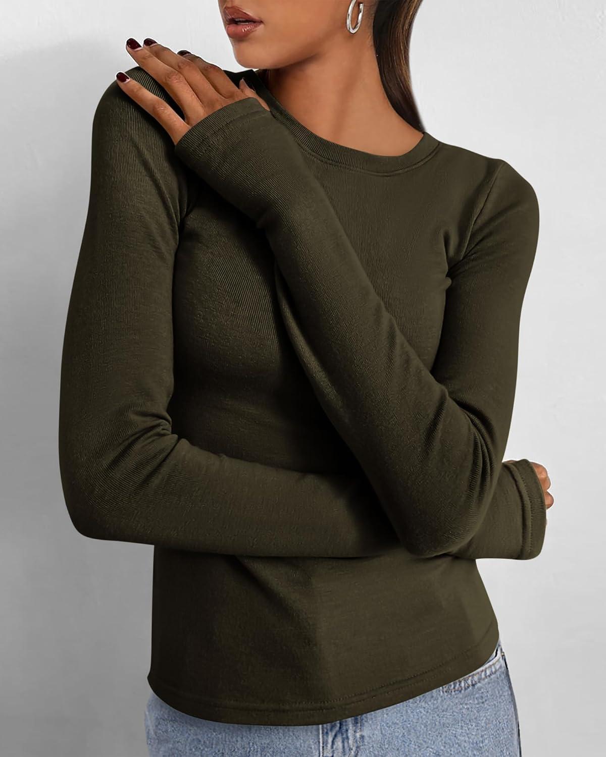 imageBTFBM Womens Tops 2025 Fall Outfits Long Sleeve Shirts Crewneck Work Blouses Stretchy Slim Fit Going Out Top WorkoutArmy Green