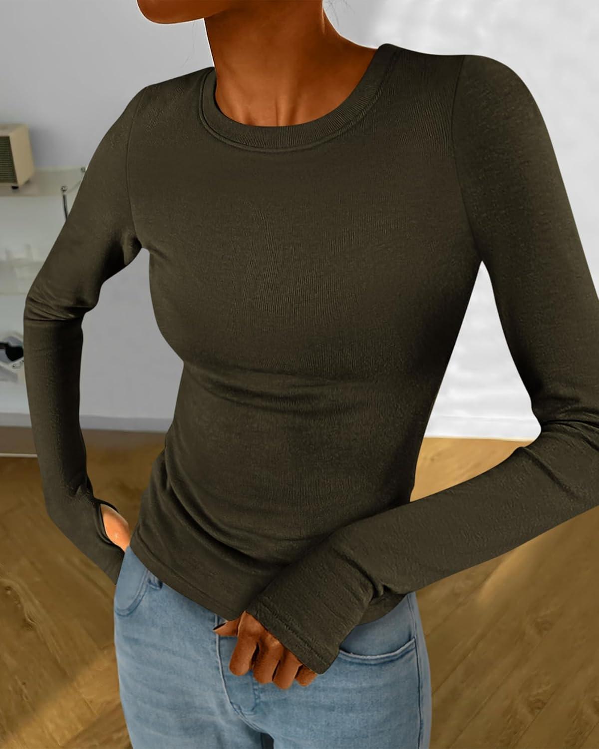 imageBTFBM Womens Tops 2025 Fall Outfits Long Sleeve Shirts Crewneck Work Blouses Stretchy Slim Fit Going Out Top WorkoutArmy Green