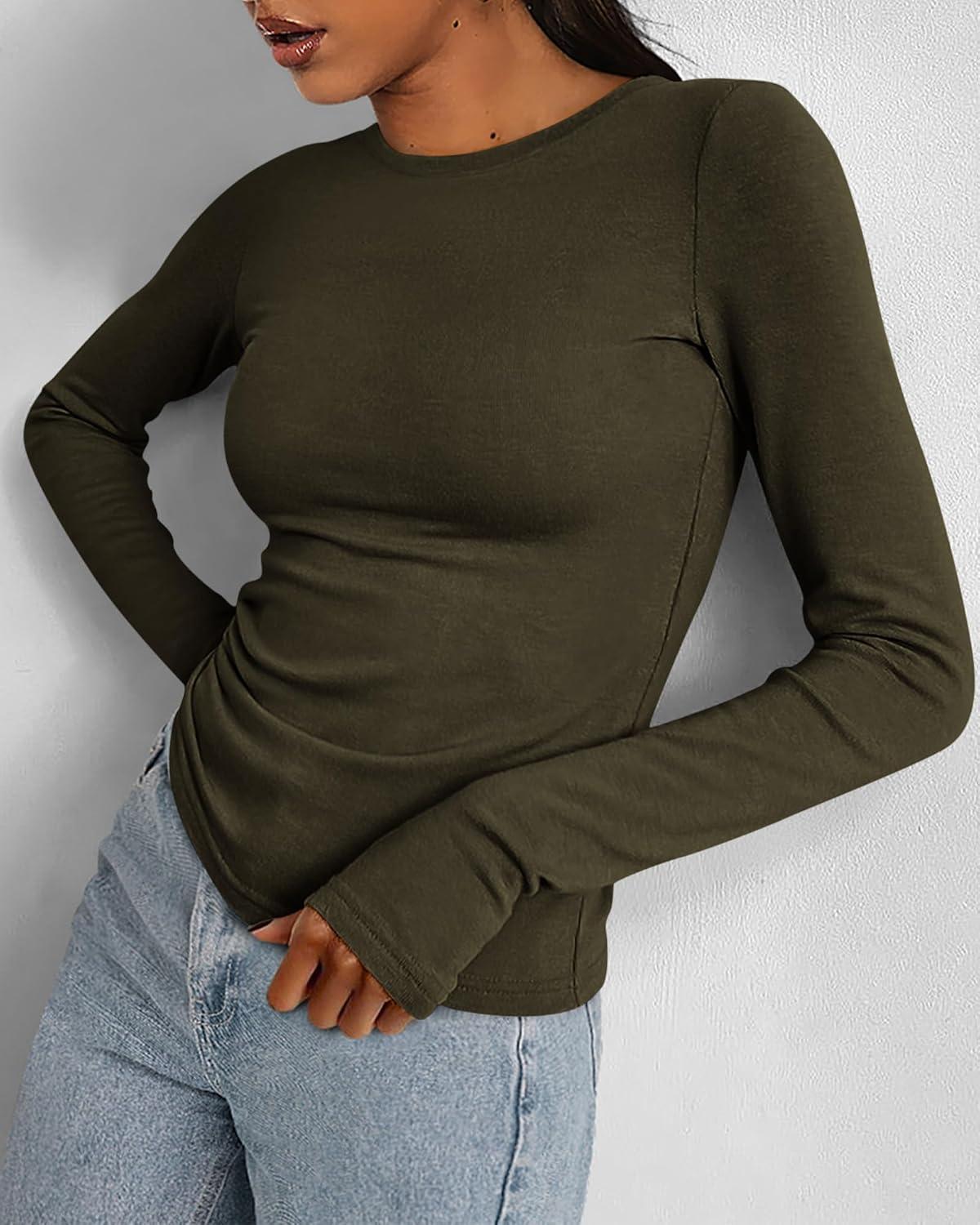 imageBTFBM Womens Tops 2025 Fall Outfits Long Sleeve Shirts Crewneck Work Blouses Stretchy Slim Fit Going Out Top WorkoutArmy Green
