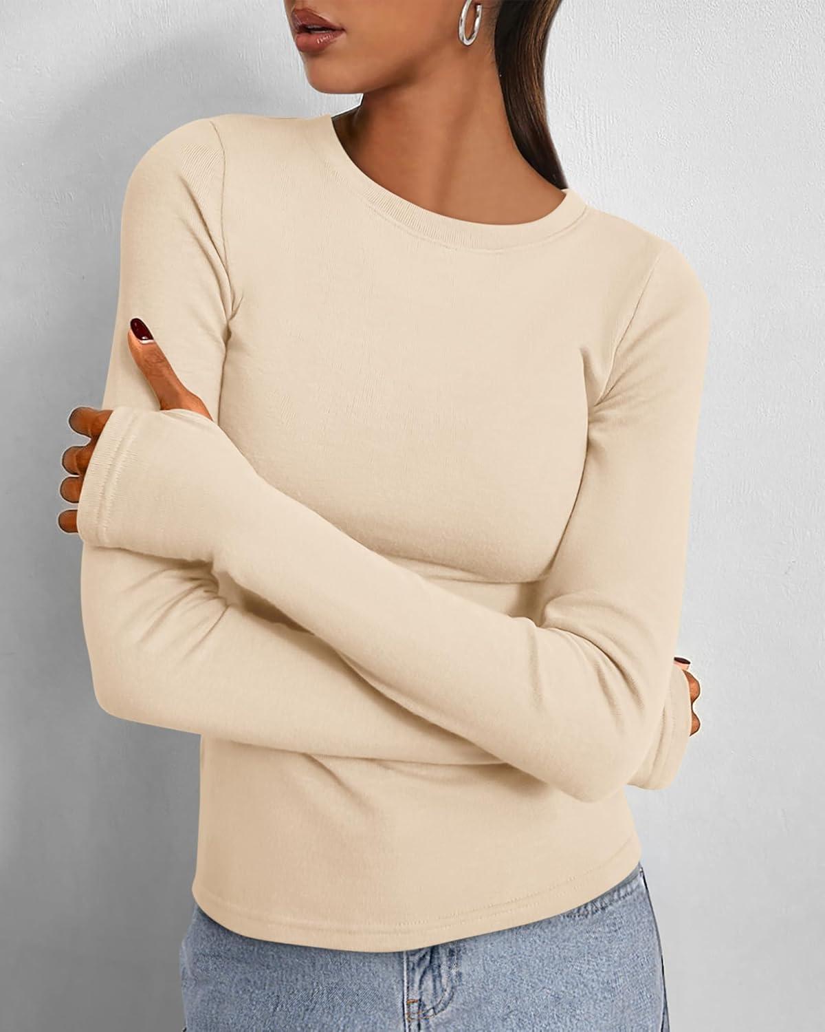 imageBTFBM Womens Tops 2025 Fall Outfits Long Sleeve Shirts Crewneck Work Blouses Stretchy Slim Fit Going Out Top WorkoutBeige