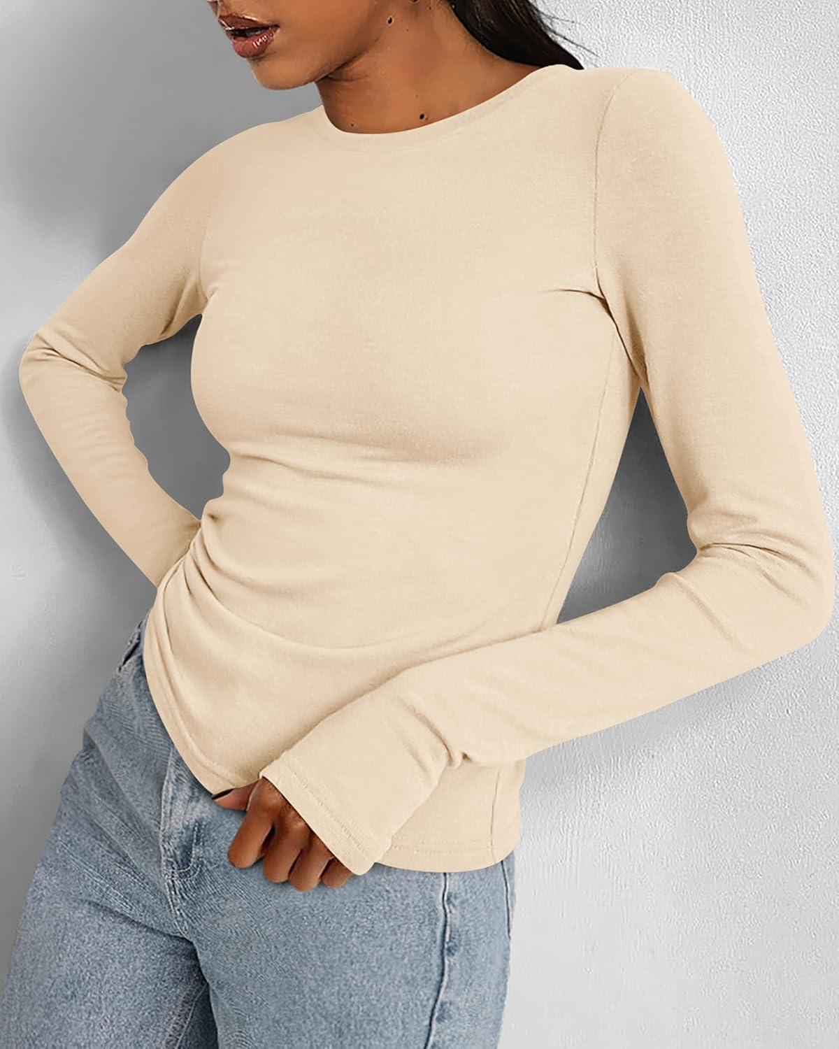 imageBTFBM Womens Tops 2025 Fall Outfits Long Sleeve Shirts Crewneck Work Blouses Stretchy Slim Fit Going Out Top WorkoutBeige