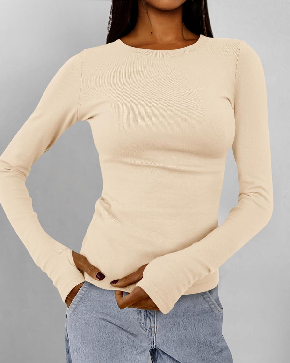 imageBTFBM Womens Tops 2025 Fall Outfits Long Sleeve Shirts Crewneck Work Blouses Stretchy Slim Fit Going Out Top WorkoutBeige