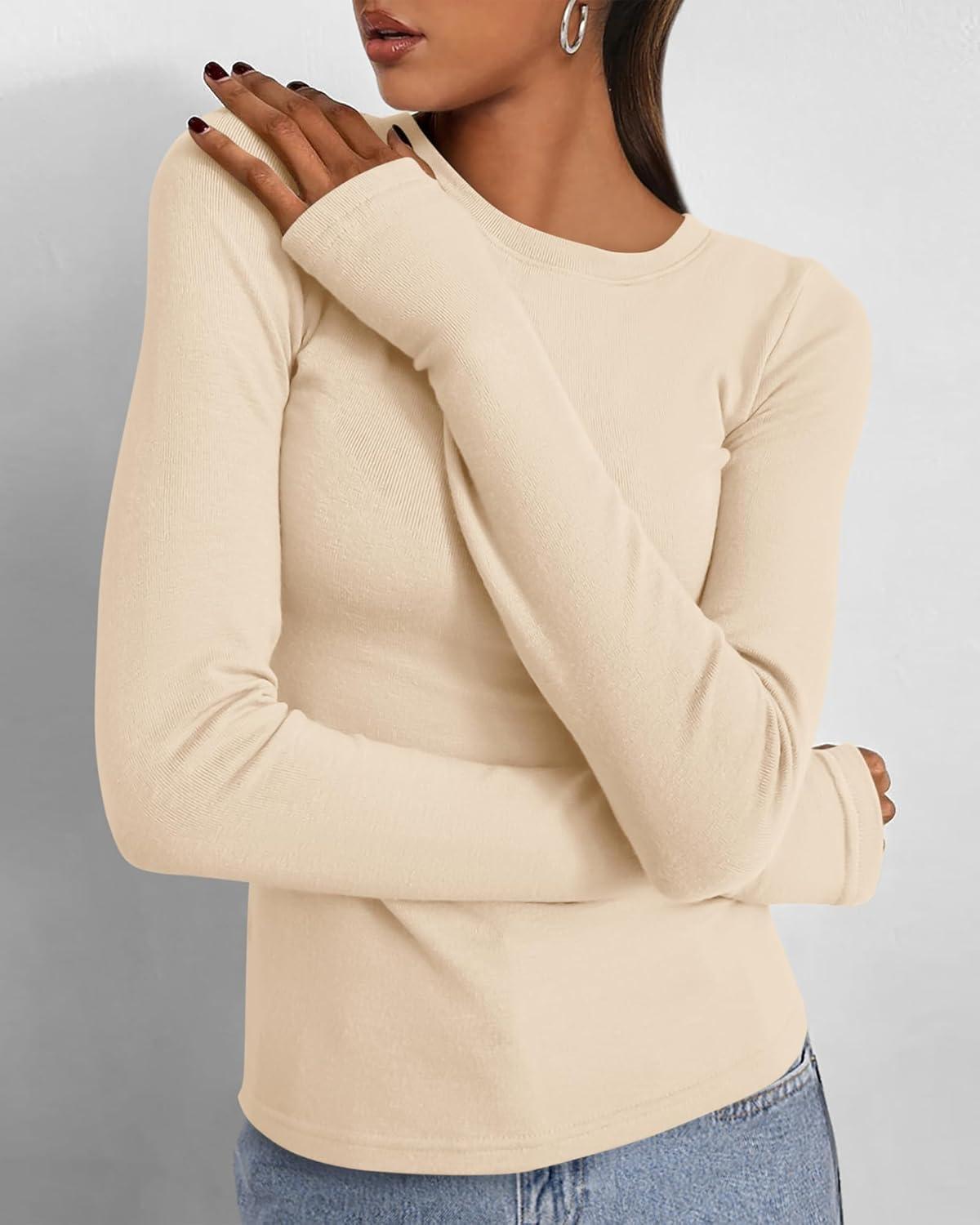 imageBTFBM Womens Tops 2025 Fall Outfits Long Sleeve Shirts Crewneck Work Blouses Stretchy Slim Fit Going Out Top WorkoutBeige