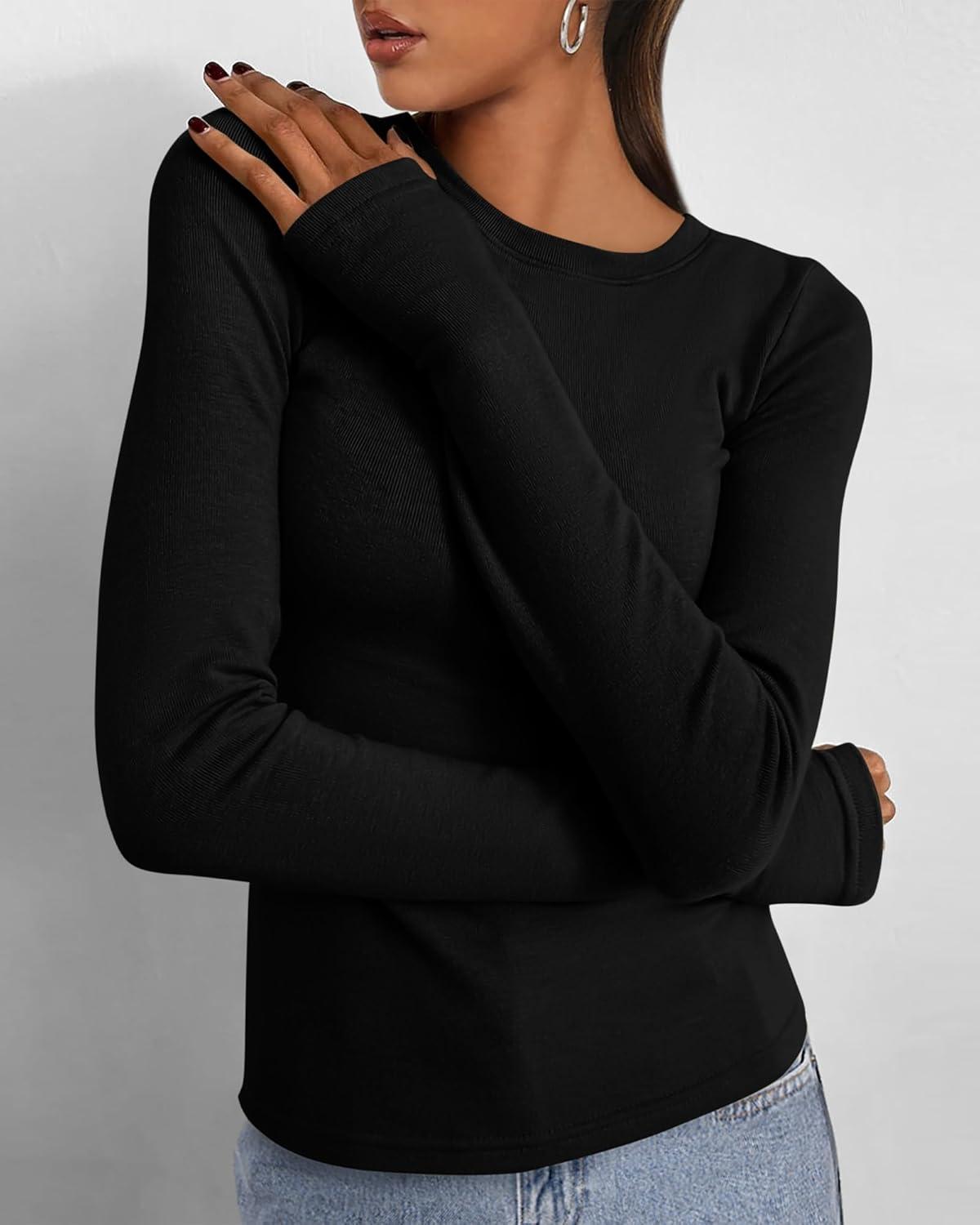 imageBTFBM Womens Tops 2025 Fall Outfits Long Sleeve Shirts Crewneck Work Blouses Stretchy Slim Fit Going Out Top WorkoutBlack