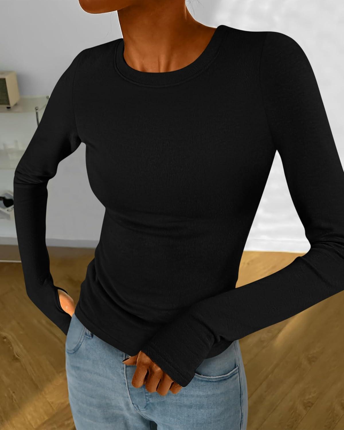 imageBTFBM Womens Tops 2025 Fall Outfits Long Sleeve Shirts Crewneck Work Blouses Stretchy Slim Fit Going Out Top WorkoutBlack