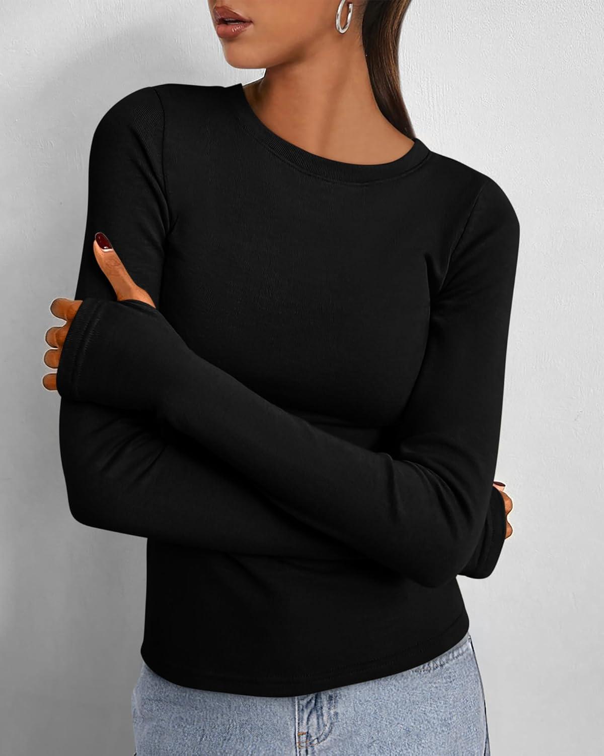 imageBTFBM Womens Tops 2025 Fall Outfits Long Sleeve Shirts Crewneck Work Blouses Stretchy Slim Fit Going Out Top WorkoutBlack