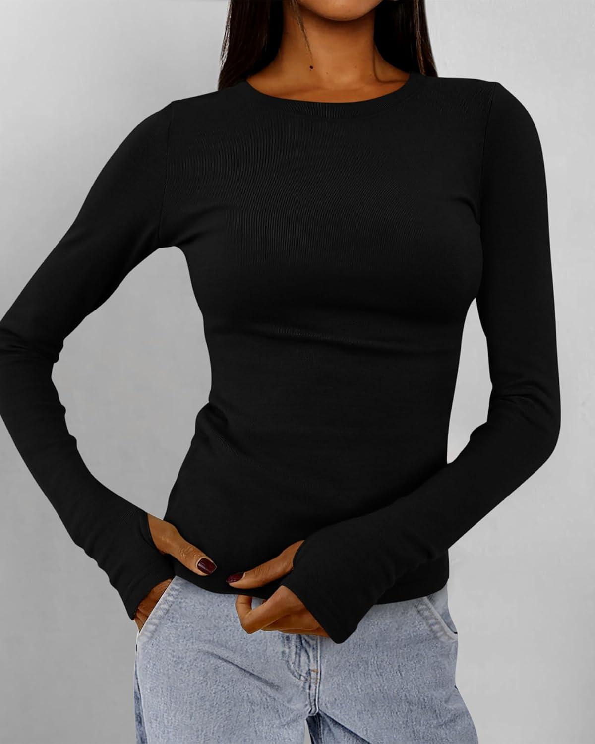 imageBTFBM Womens Tops 2025 Fall Outfits Long Sleeve Shirts Crewneck Work Blouses Stretchy Slim Fit Going Out Top WorkoutBlack