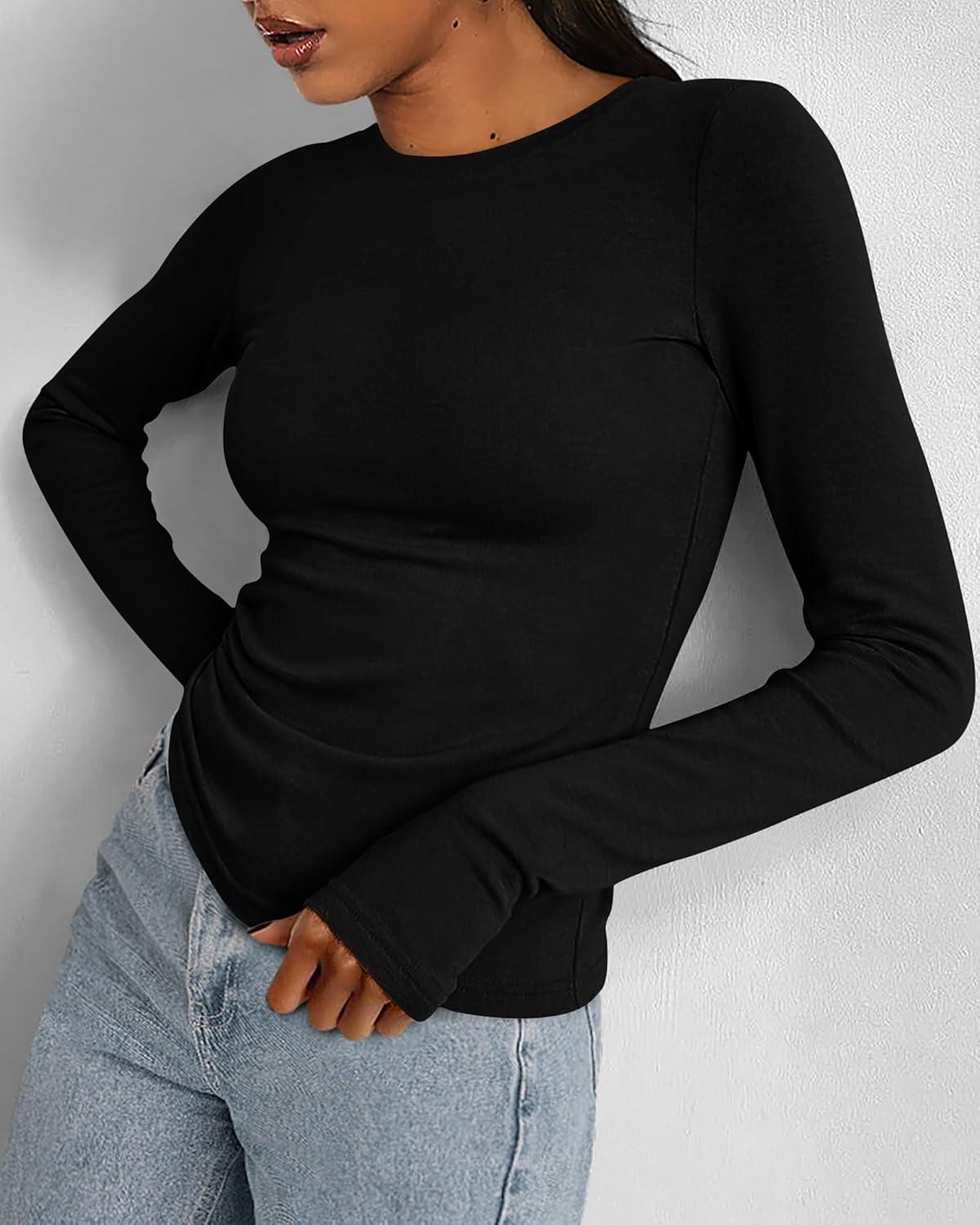 imageBTFBM Womens Tops 2025 Fall Outfits Long Sleeve Shirts Crewneck Work Blouses Stretchy Slim Fit Going Out Top WorkoutBlack