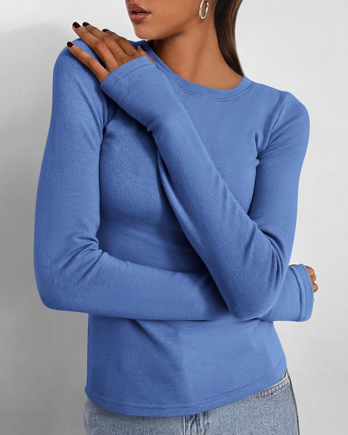 imageBTFBM Womens Tops 2025 Fall Outfits Long Sleeve Shirts Crewneck Work Blouses Stretchy Slim Fit Going Out Top WorkoutBlue