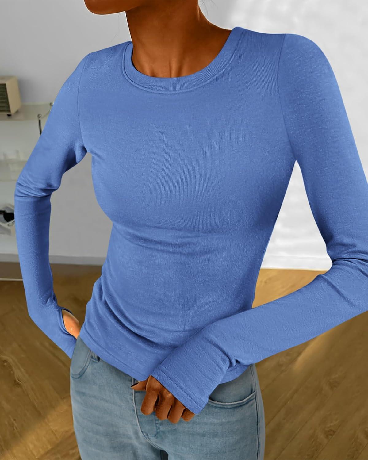 imageBTFBM Womens Tops 2025 Fall Outfits Long Sleeve Shirts Crewneck Work Blouses Stretchy Slim Fit Going Out Top WorkoutBlue
