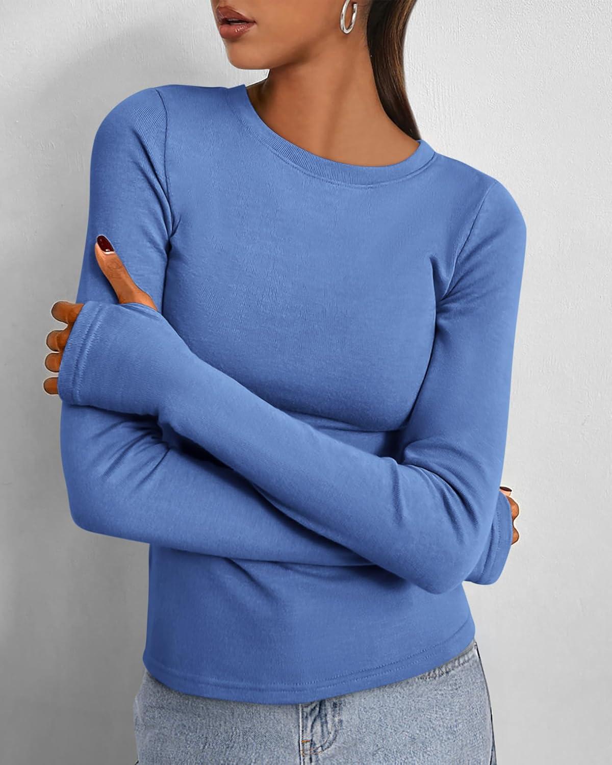 imageBTFBM Womens Tops 2025 Fall Outfits Long Sleeve Shirts Crewneck Work Blouses Stretchy Slim Fit Going Out Top WorkoutBlue