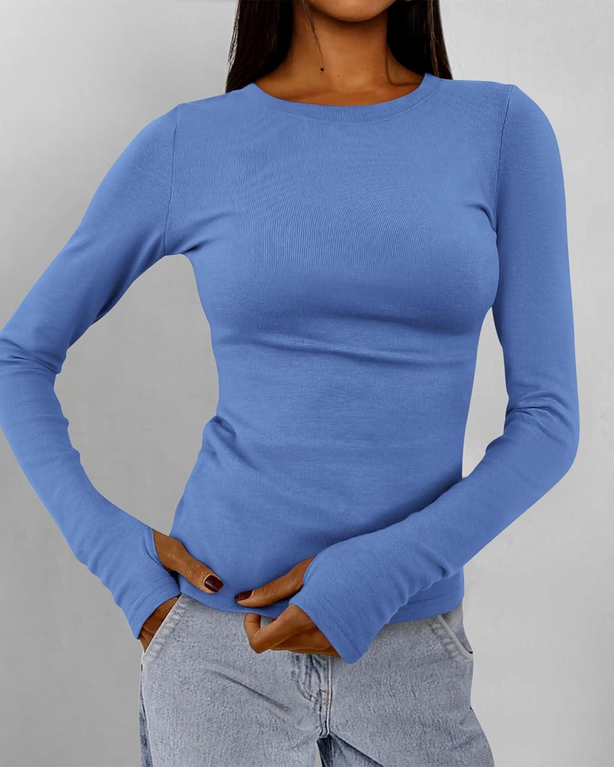imageBTFBM Womens Tops 2025 Fall Outfits Long Sleeve Shirts Crewneck Work Blouses Stretchy Slim Fit Going Out Top WorkoutBlue
