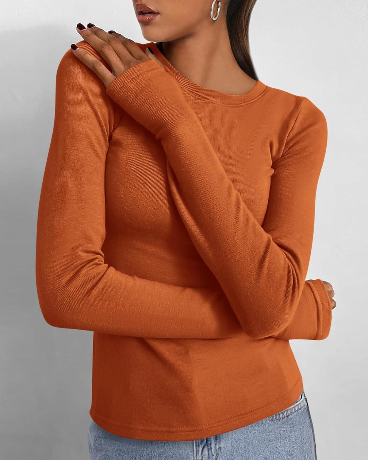 imageBTFBM Womens Tops 2025 Fall Outfits Long Sleeve Shirts Crewneck Work Blouses Stretchy Slim Fit Going Out Top WorkoutBrick Red