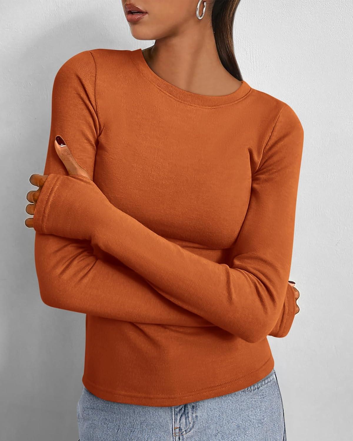imageBTFBM Womens Tops 2025 Fall Outfits Long Sleeve Shirts Crewneck Work Blouses Stretchy Slim Fit Going Out Top WorkoutBrick Red