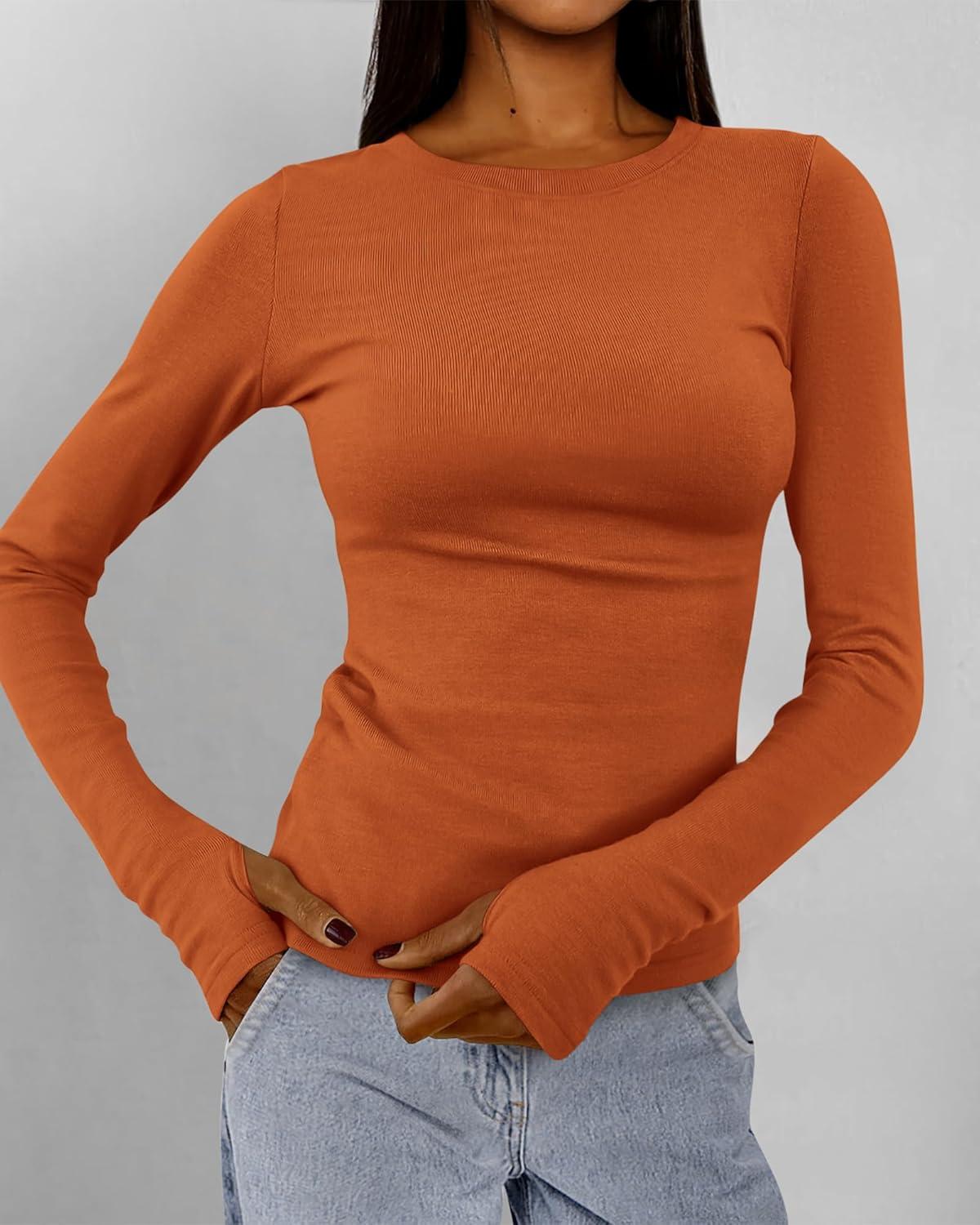 imageBTFBM Womens Tops 2025 Fall Outfits Long Sleeve Shirts Crewneck Work Blouses Stretchy Slim Fit Going Out Top WorkoutBrick Red