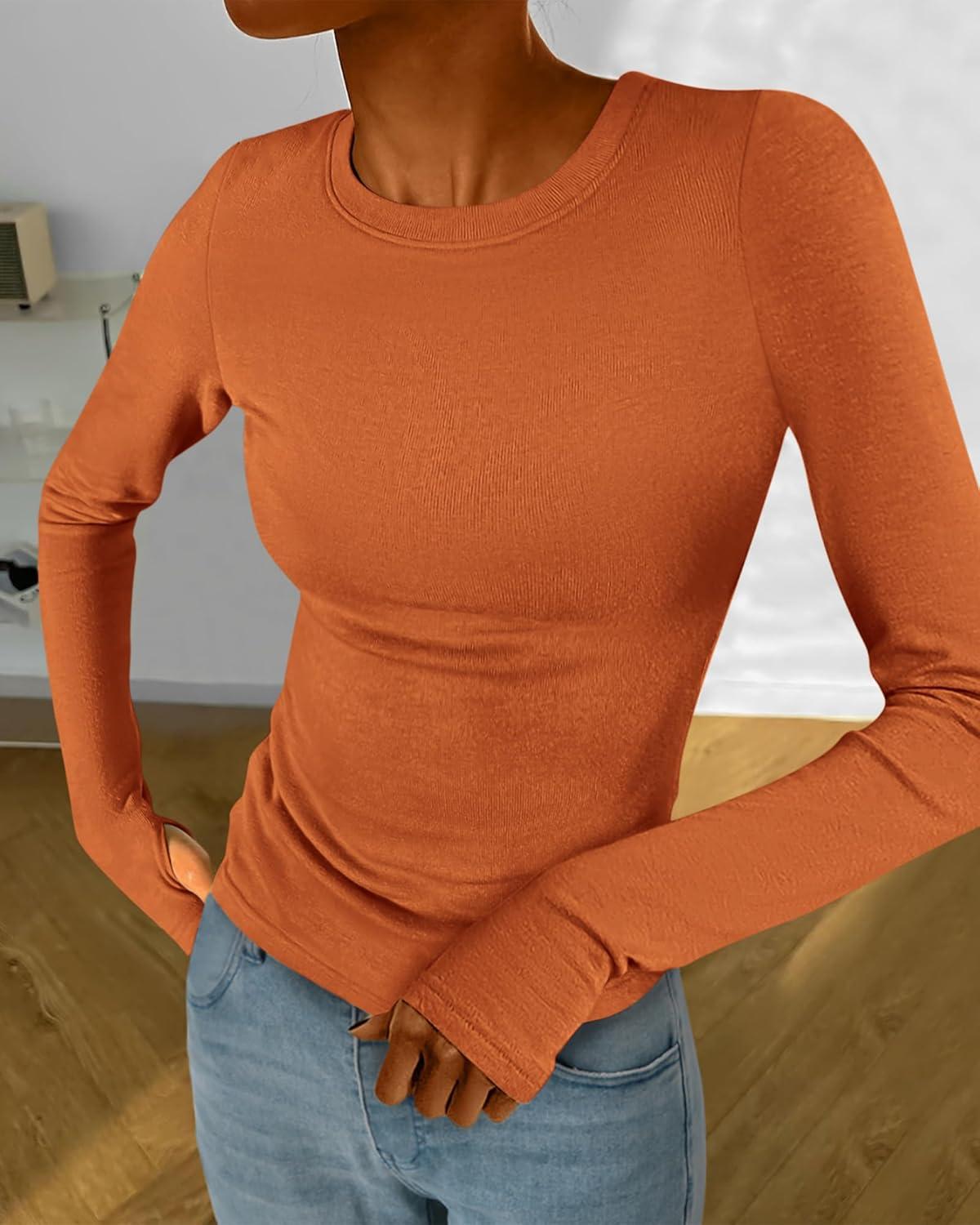 imageBTFBM Womens Tops 2025 Fall Outfits Long Sleeve Shirts Crewneck Work Blouses Stretchy Slim Fit Going Out Top WorkoutBrick Red