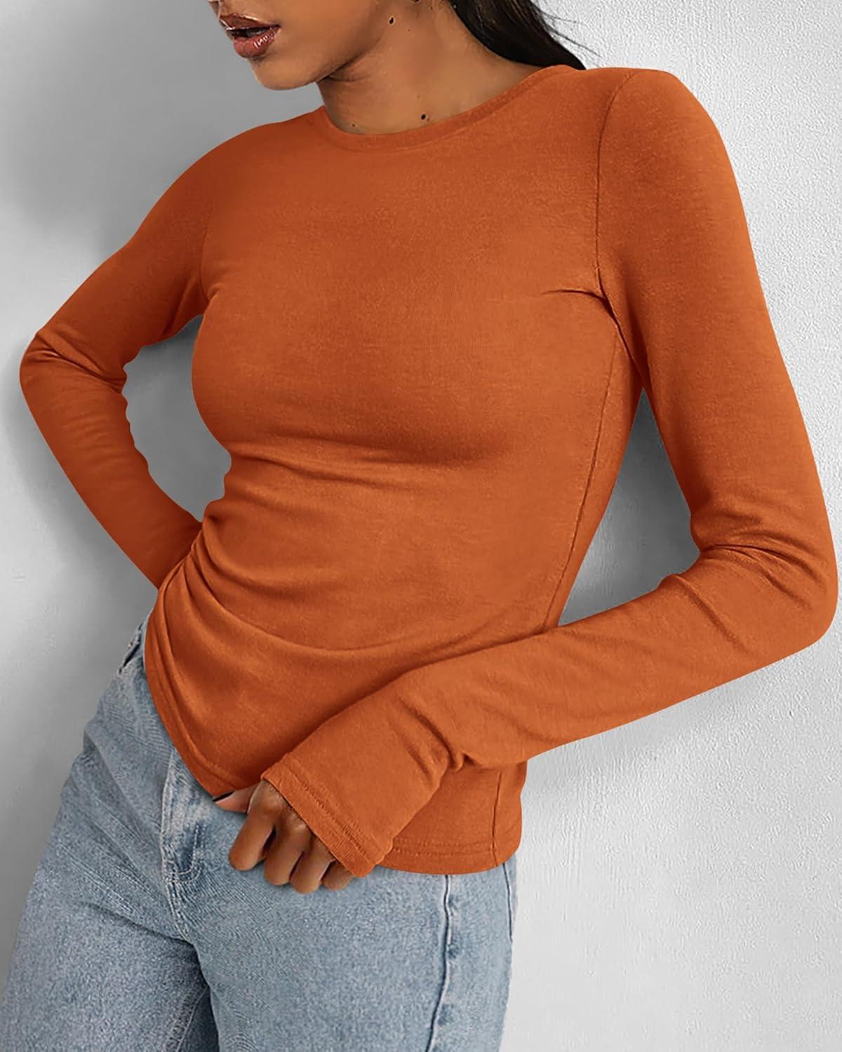 imageBTFBM Womens Tops 2025 Fall Outfits Long Sleeve Shirts Crewneck Work Blouses Stretchy Slim Fit Going Out Top WorkoutBrick Red