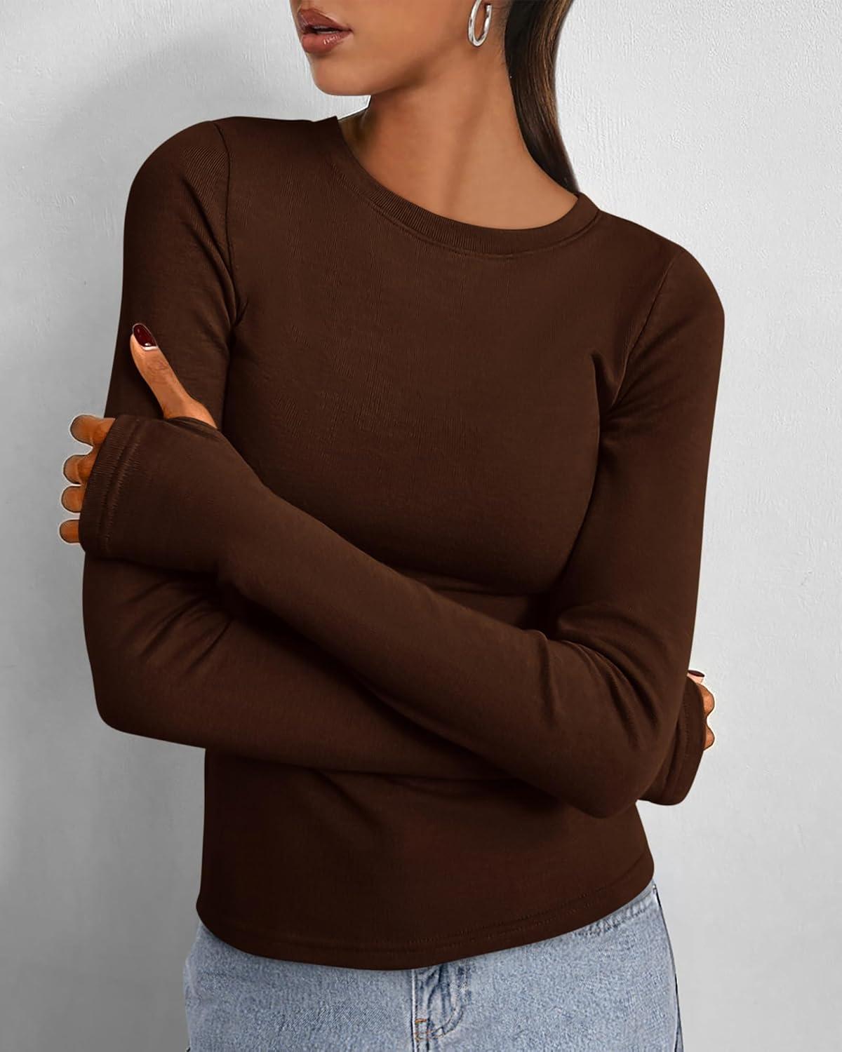 imageBTFBM Womens Tops 2025 Fall Outfits Long Sleeve Shirts Crewneck Work Blouses Stretchy Slim Fit Going Out Top WorkoutCoffee