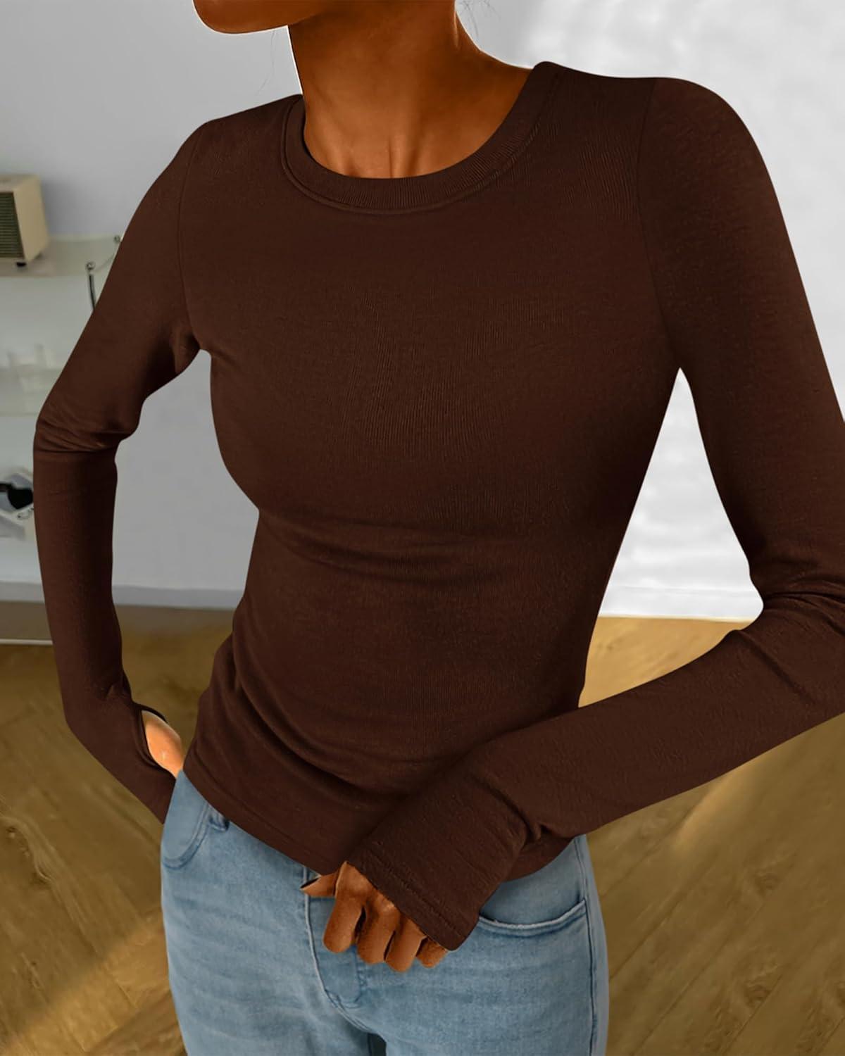 imageBTFBM Womens Tops 2025 Fall Outfits Long Sleeve Shirts Crewneck Work Blouses Stretchy Slim Fit Going Out Top WorkoutCoffee