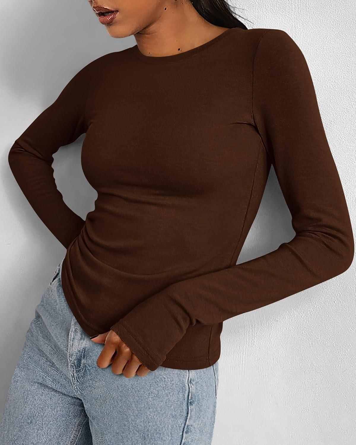 imageBTFBM Womens Tops 2025 Fall Outfits Long Sleeve Shirts Crewneck Work Blouses Stretchy Slim Fit Going Out Top WorkoutCoffee