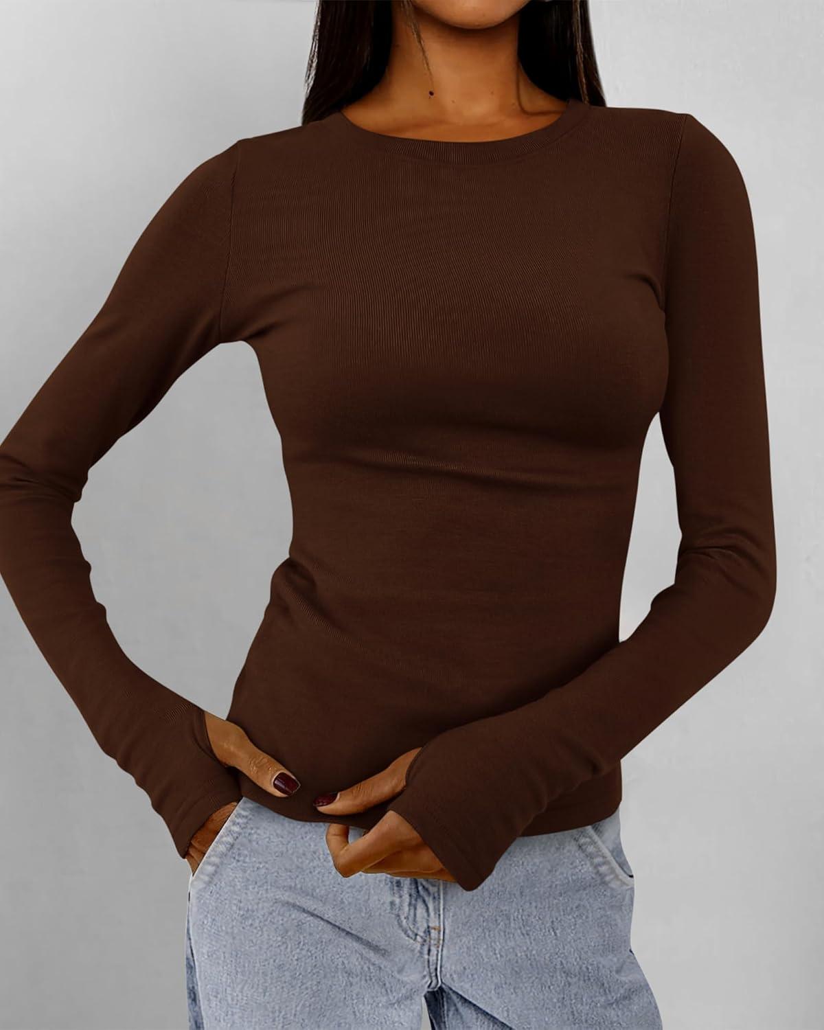 imageBTFBM Womens Tops 2025 Fall Outfits Long Sleeve Shirts Crewneck Work Blouses Stretchy Slim Fit Going Out Top WorkoutCoffee