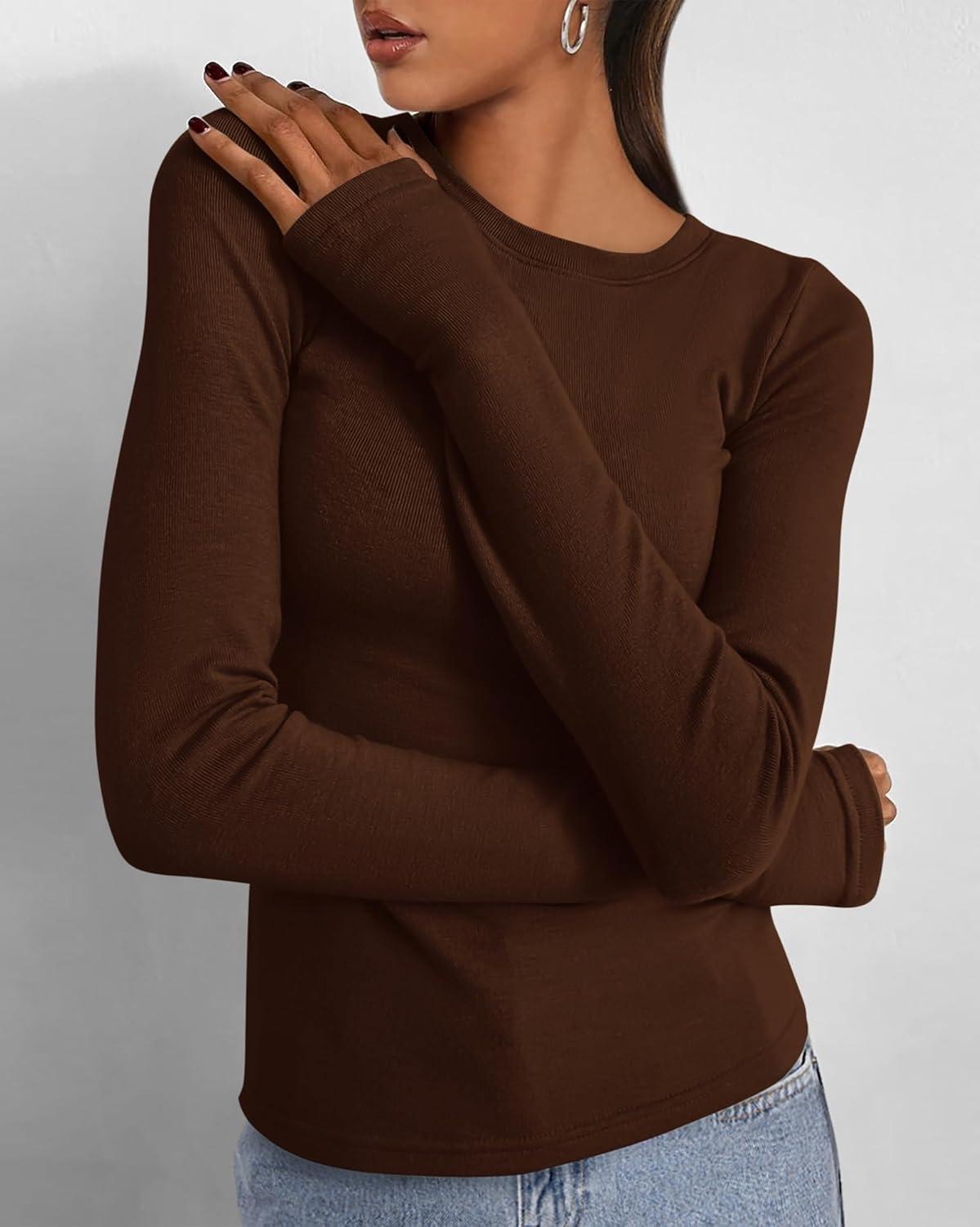 imageBTFBM Womens Tops 2025 Fall Outfits Long Sleeve Shirts Crewneck Work Blouses Stretchy Slim Fit Going Out Top WorkoutCoffee