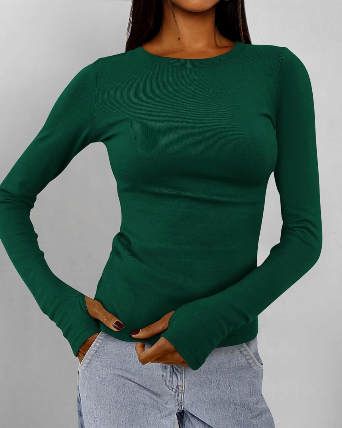 imageBTFBM Womens Tops 2025 Fall Outfits Long Sleeve Shirts Crewneck Work Blouses Stretchy Slim Fit Going Out Top WorkoutGreen