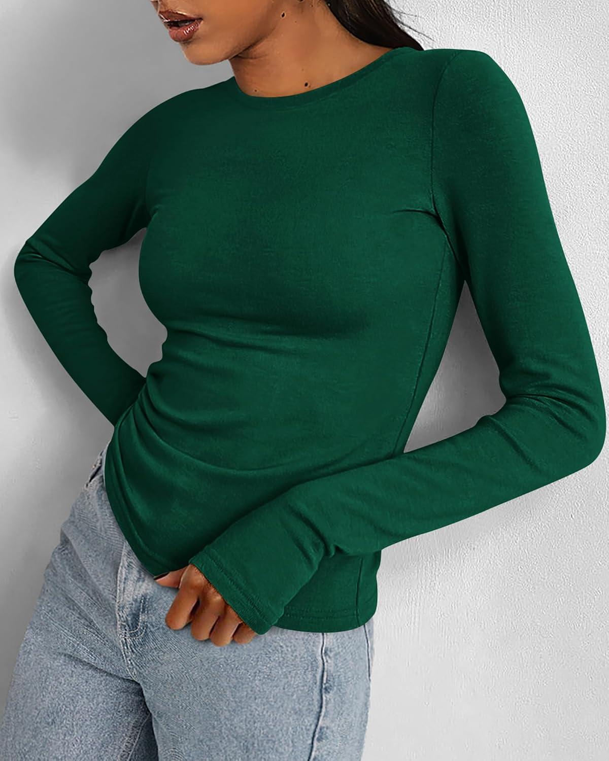 imageBTFBM Womens Tops 2025 Fall Outfits Long Sleeve Shirts Crewneck Work Blouses Stretchy Slim Fit Going Out Top WorkoutGreen