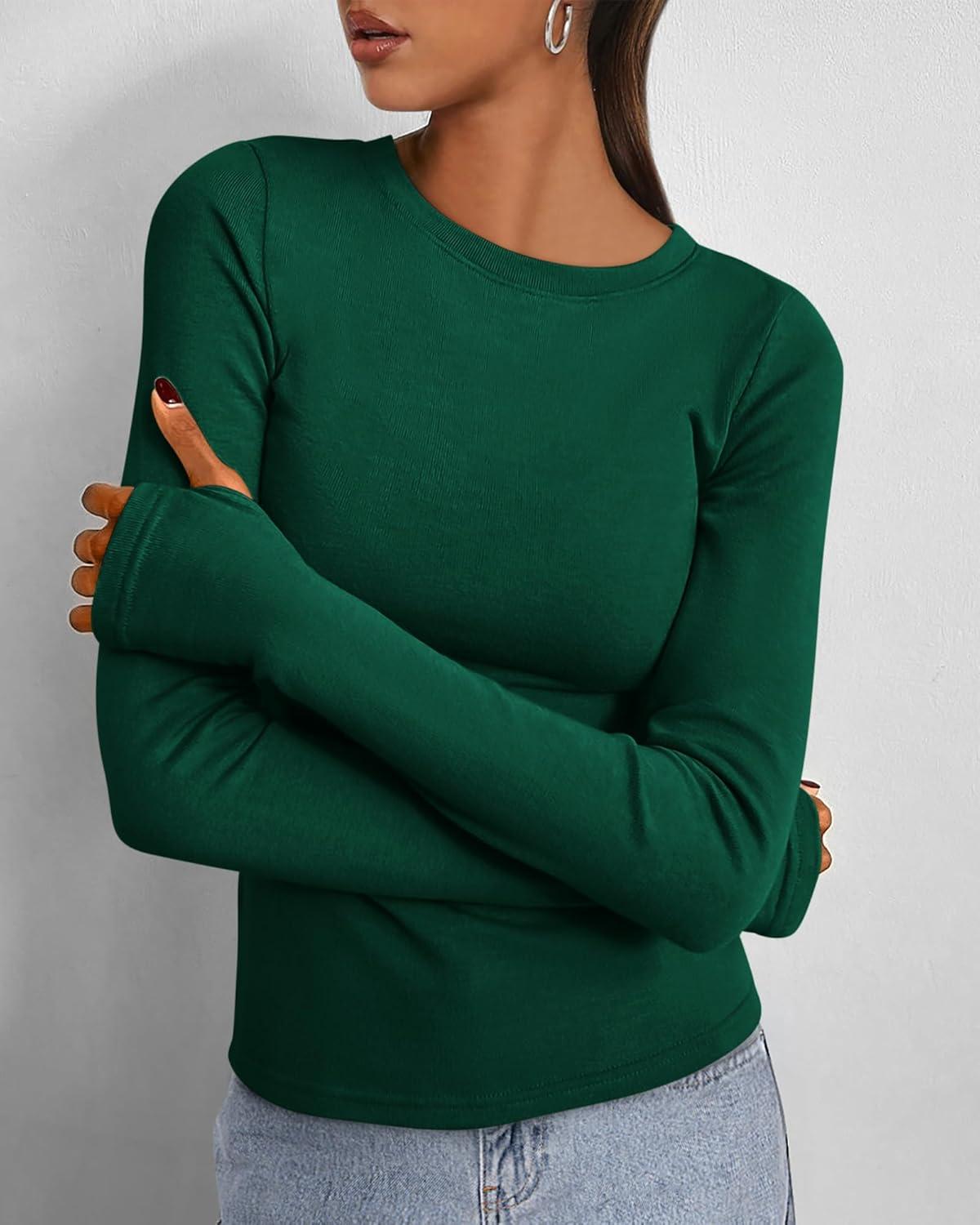 imageBTFBM Womens Tops 2025 Fall Outfits Long Sleeve Shirts Crewneck Work Blouses Stretchy Slim Fit Going Out Top WorkoutGreen