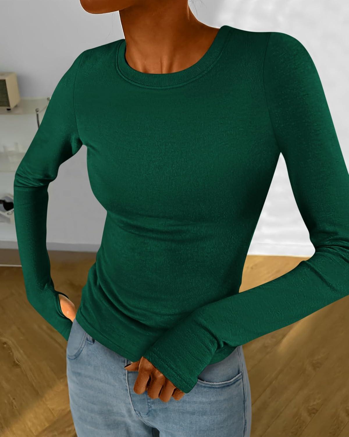 imageBTFBM Womens Tops 2025 Fall Outfits Long Sleeve Shirts Crewneck Work Blouses Stretchy Slim Fit Going Out Top WorkoutGreen
