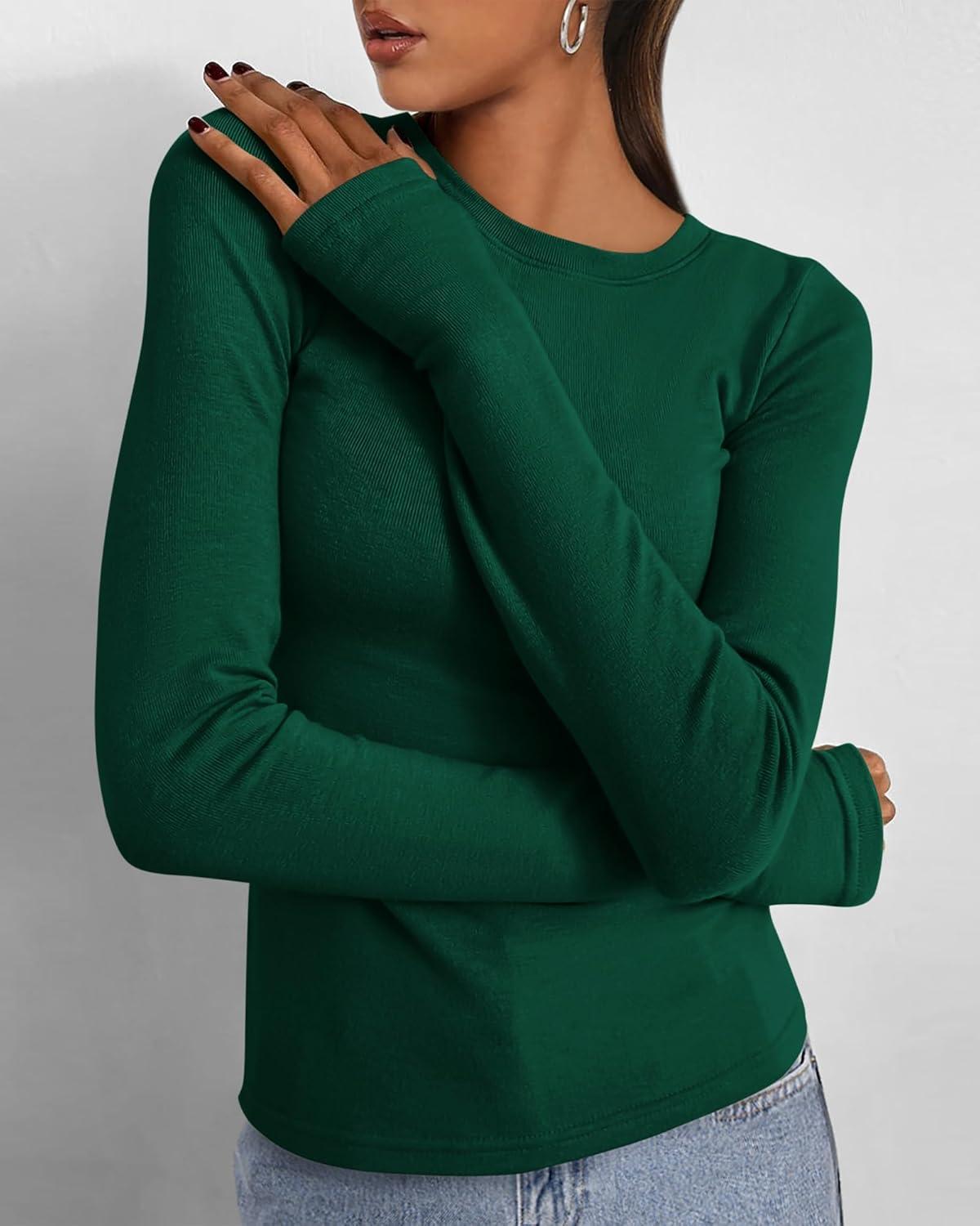 imageBTFBM Womens Tops 2025 Fall Outfits Long Sleeve Shirts Crewneck Work Blouses Stretchy Slim Fit Going Out Top WorkoutGreen