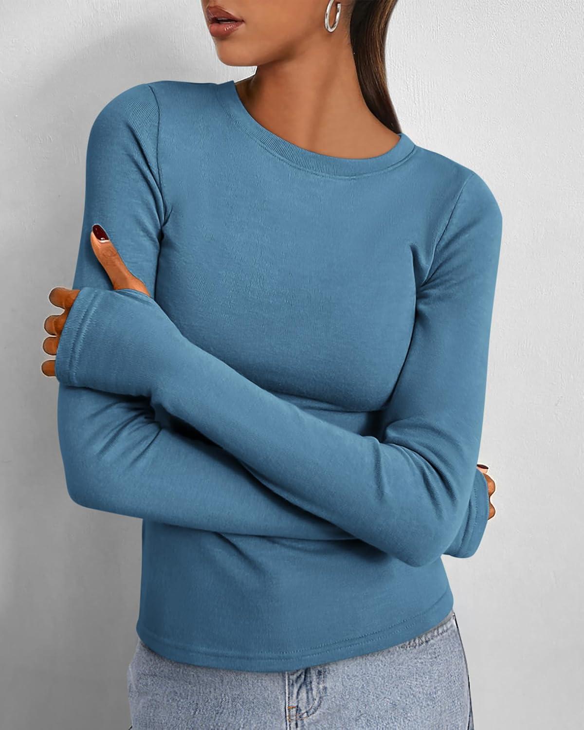 imageBTFBM Womens Tops 2025 Fall Outfits Long Sleeve Shirts Crewneck Work Blouses Stretchy Slim Fit Going Out Top WorkoutGrey Blue