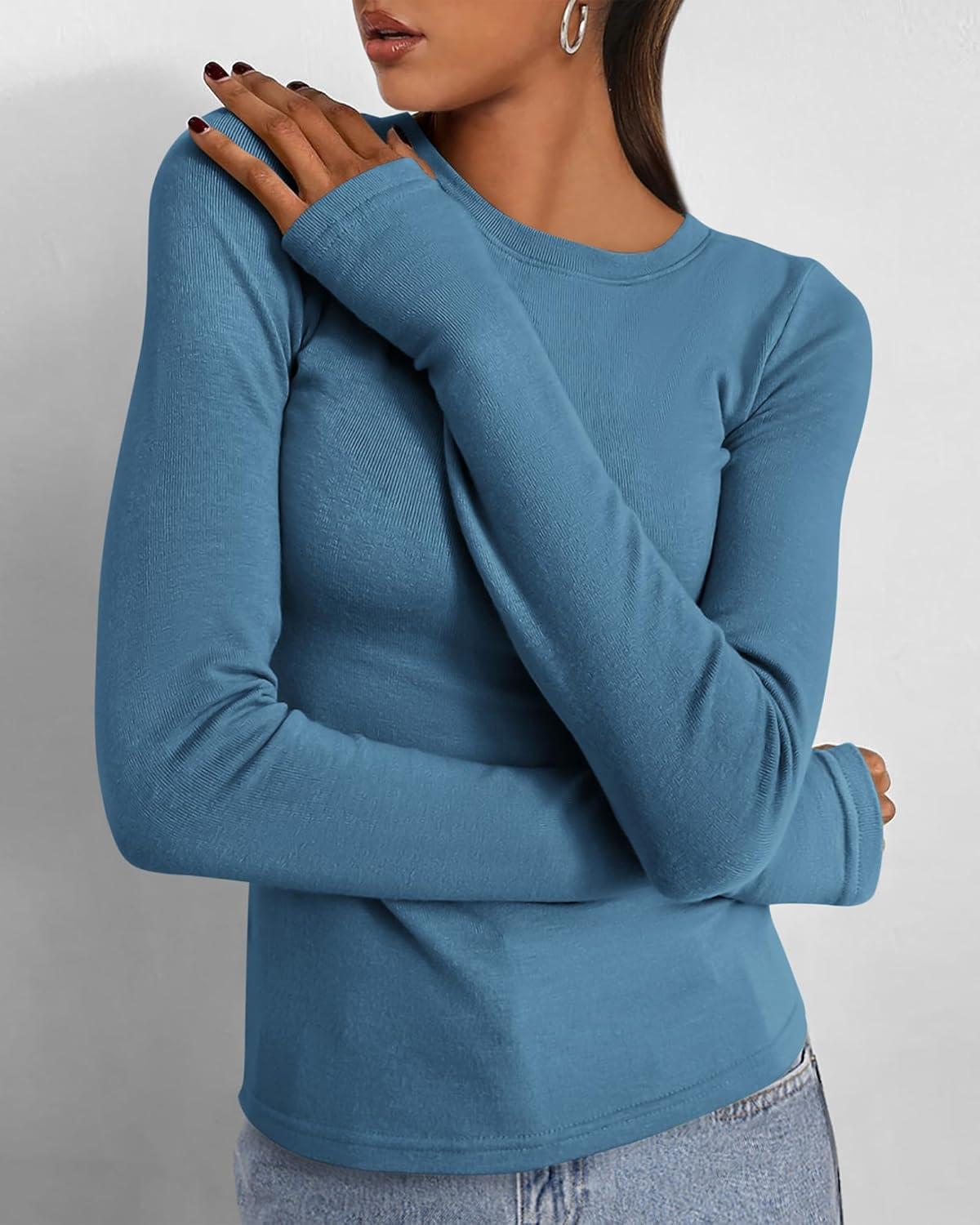 imageBTFBM Womens Tops 2025 Fall Outfits Long Sleeve Shirts Crewneck Work Blouses Stretchy Slim Fit Going Out Top WorkoutGrey Blue