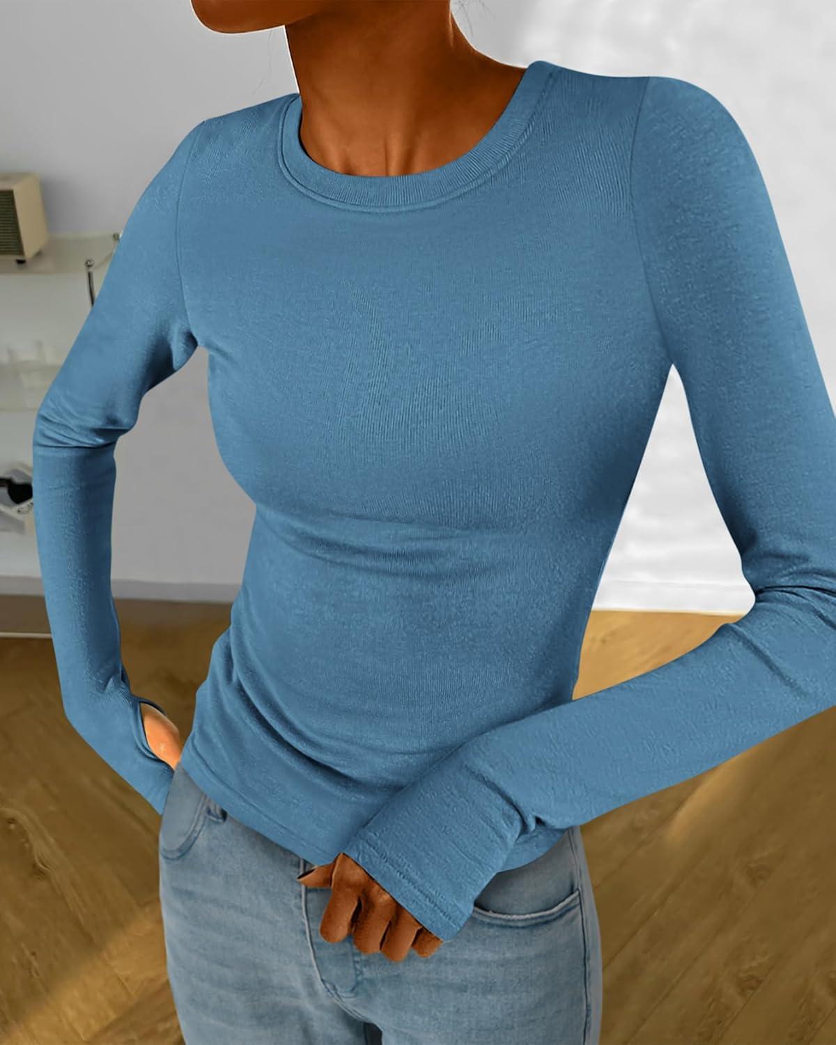 imageBTFBM Womens Tops 2025 Fall Outfits Long Sleeve Shirts Crewneck Work Blouses Stretchy Slim Fit Going Out Top WorkoutGrey Blue